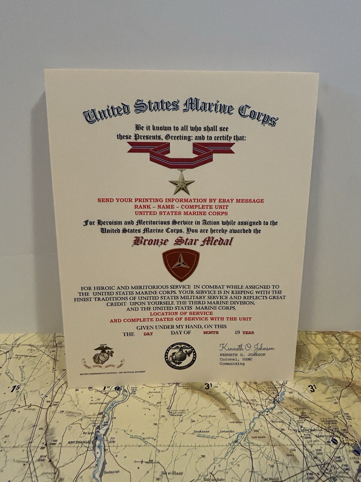 U.S.M.C. / BRONZE STAR MEDAL CERTIFICATE - 3RD MARINE DIVISION