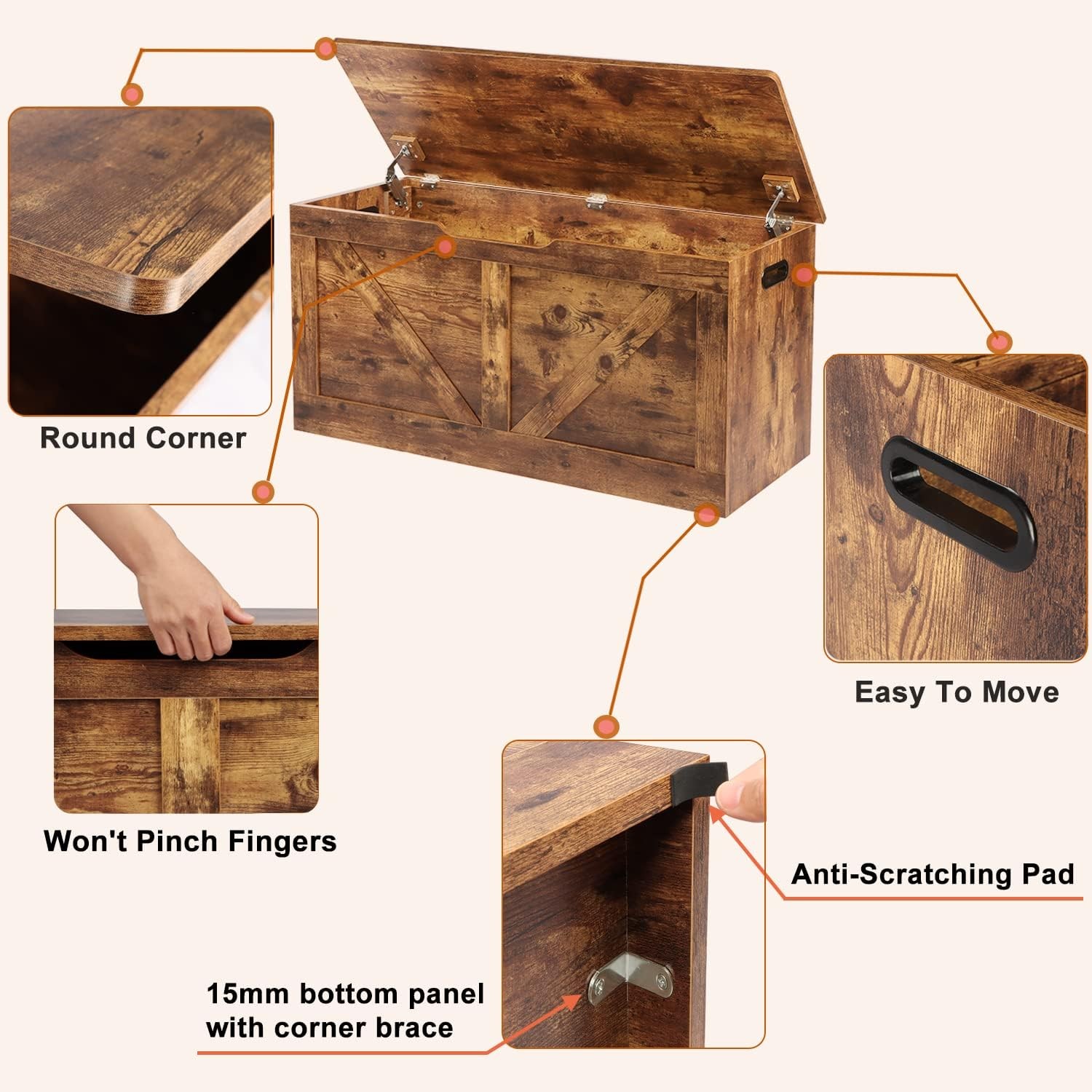 39.4" Storage Chest, Wooden Bench, Large Trunk Rustic Brown