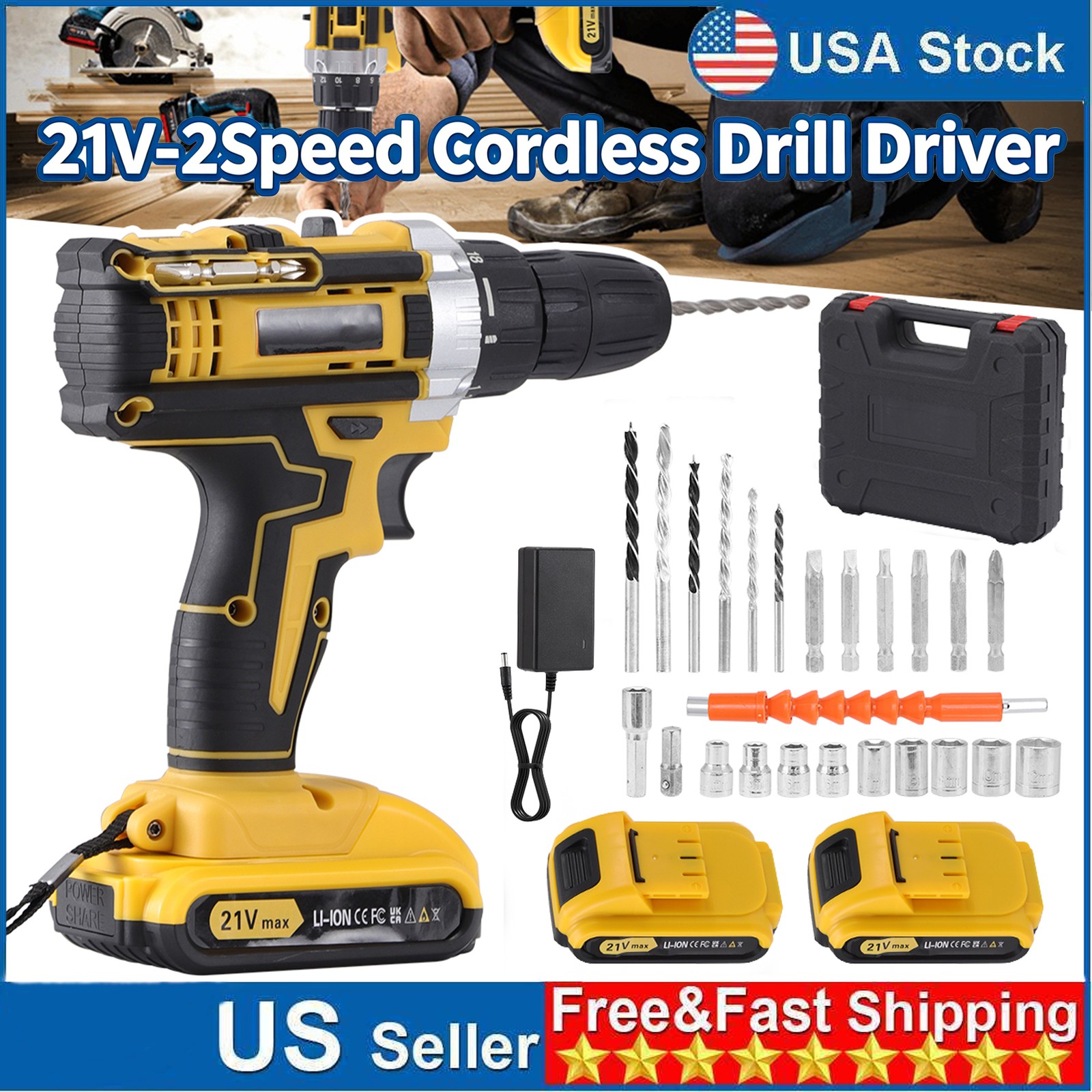 21V 2-Speed Cordless Drill Driver,18Nm Impact Drill w/Batteries & Drill Bits Set