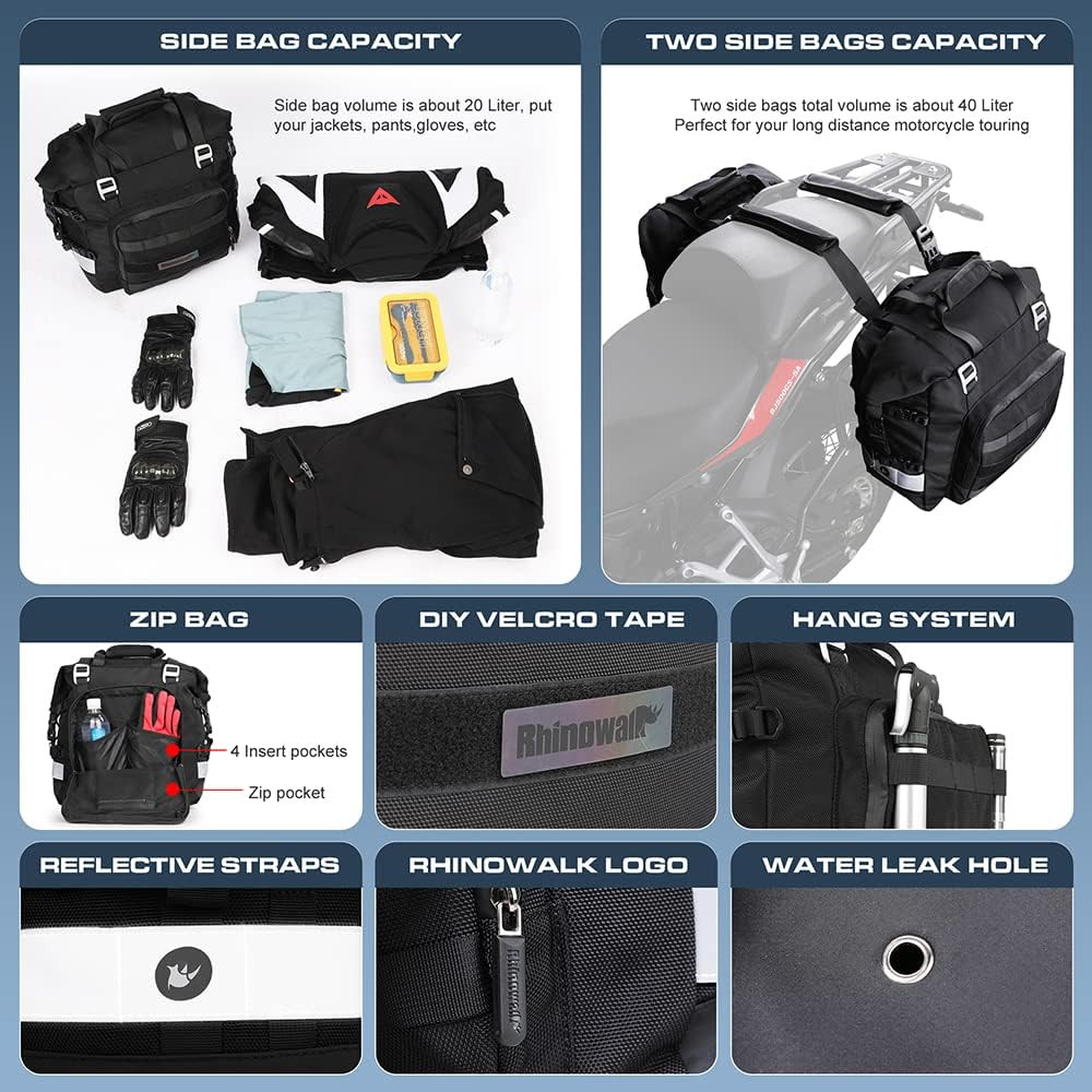 Waterproof Motorcycle Saddle Bag 20L Quick Release Side Pannier - Black