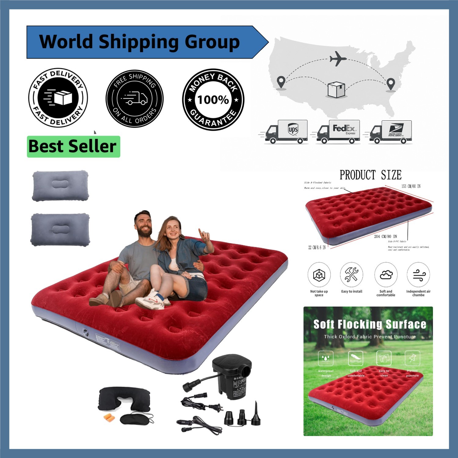 Comfortable 80" x 60" Queen Size Camping Air Mattress Set with Pillows and Pump
