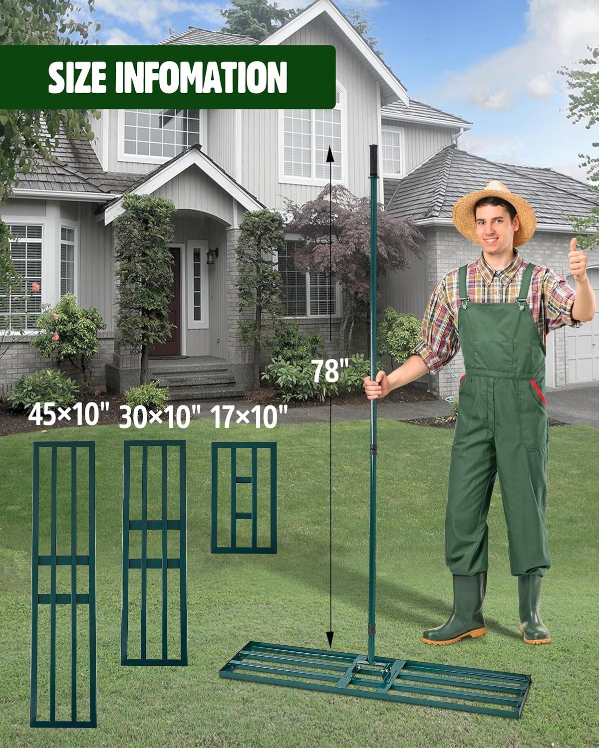 Adjustable 78" Long Handle Lawn Leveling Rake, 45"x10" Plate