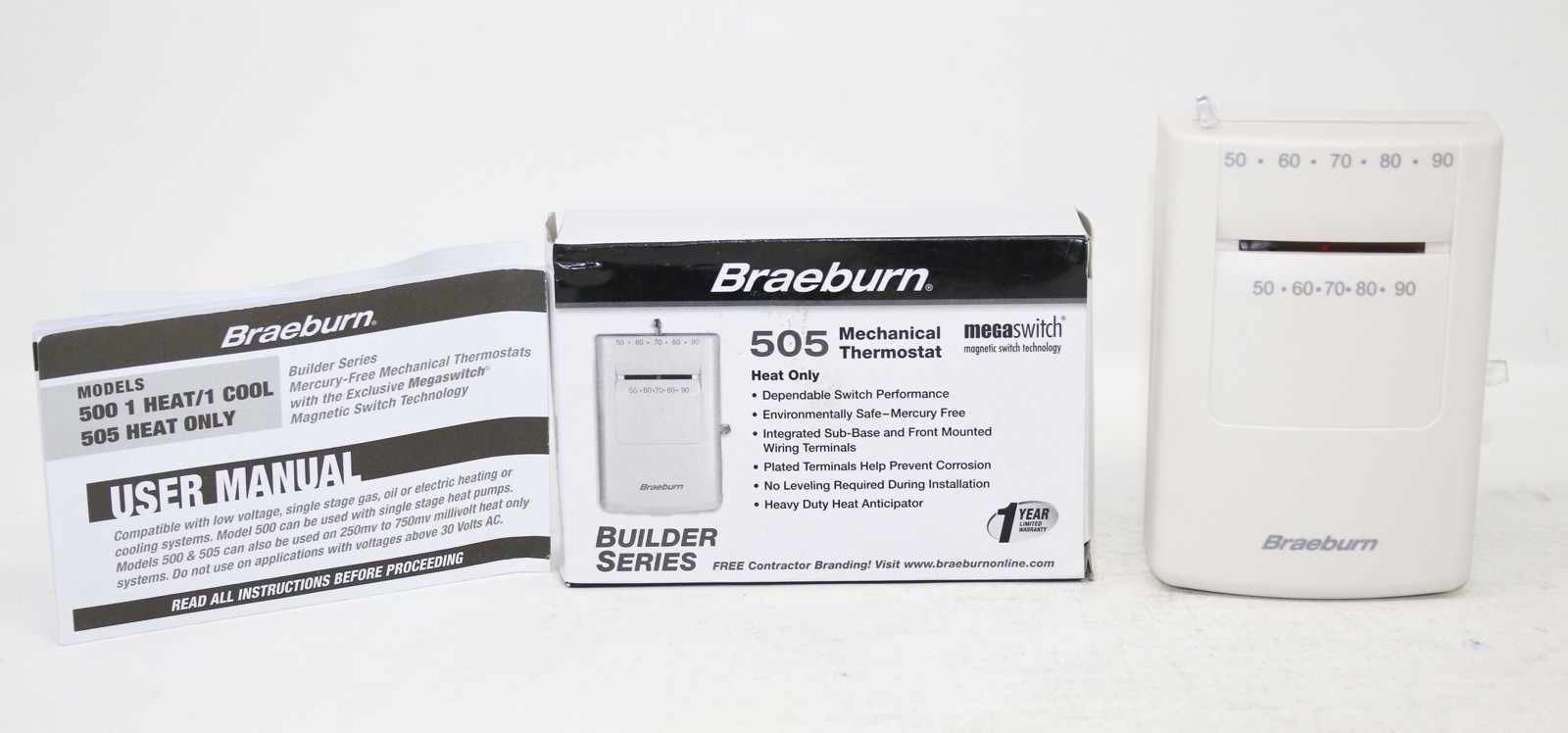 Braeburn 505 Heat Only Mechanical Thermostat 24V HVAC Builder Model Brand New!