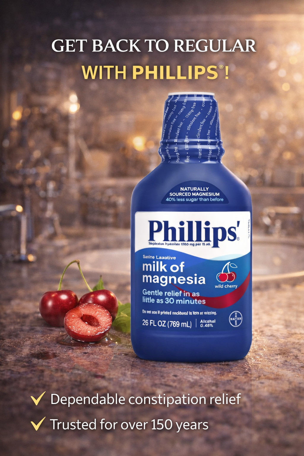 Phillips Milk of Magnesia Wild Cherry Saline Laxative Stimulant Free 26 Fl Oz