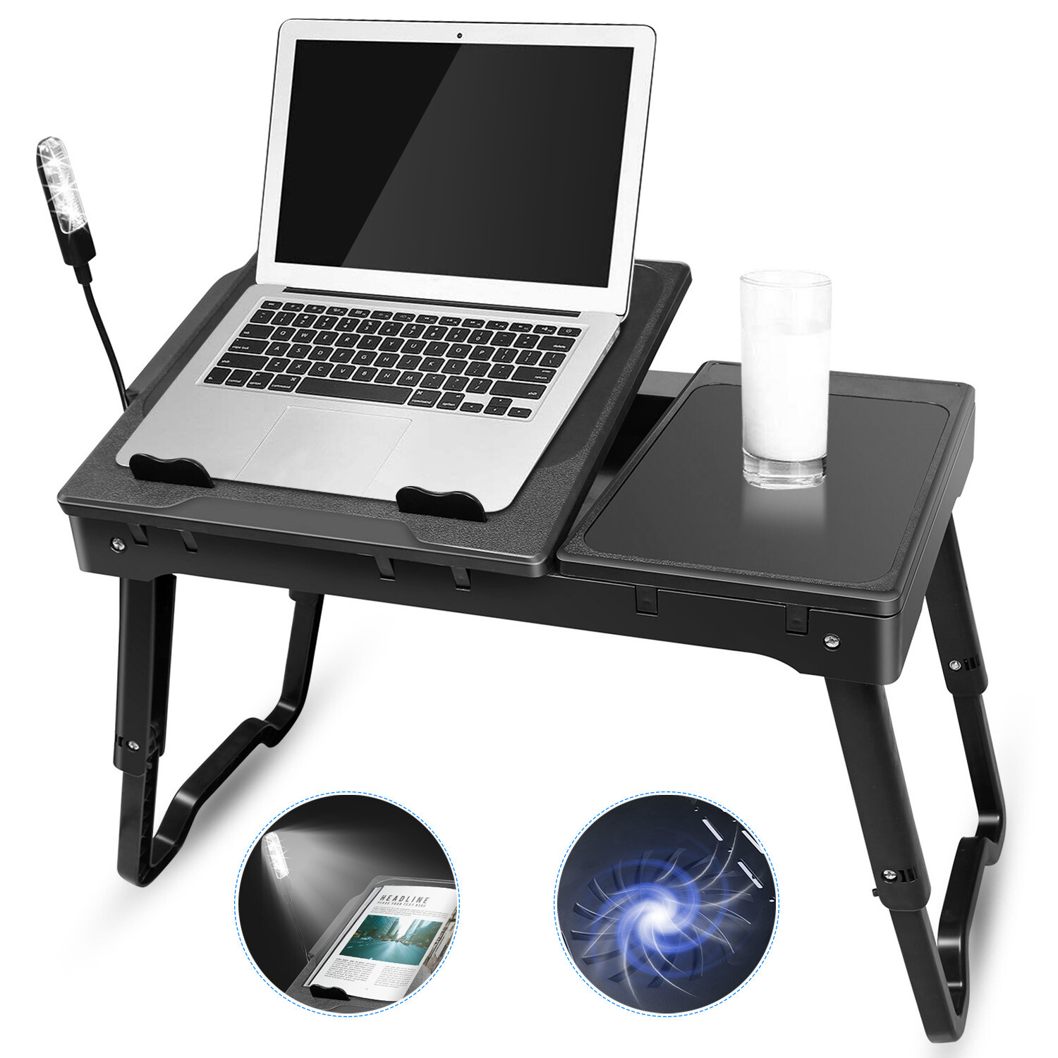 Adjustable Foldable Laptop Notebook Desk Table Stand Bed Tray w/Cooling Fan