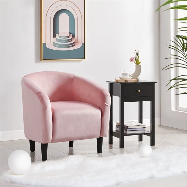 Pink Accent Barrel Chair Rounded Comfortable Velvet Wood leg Living Room Bedroom