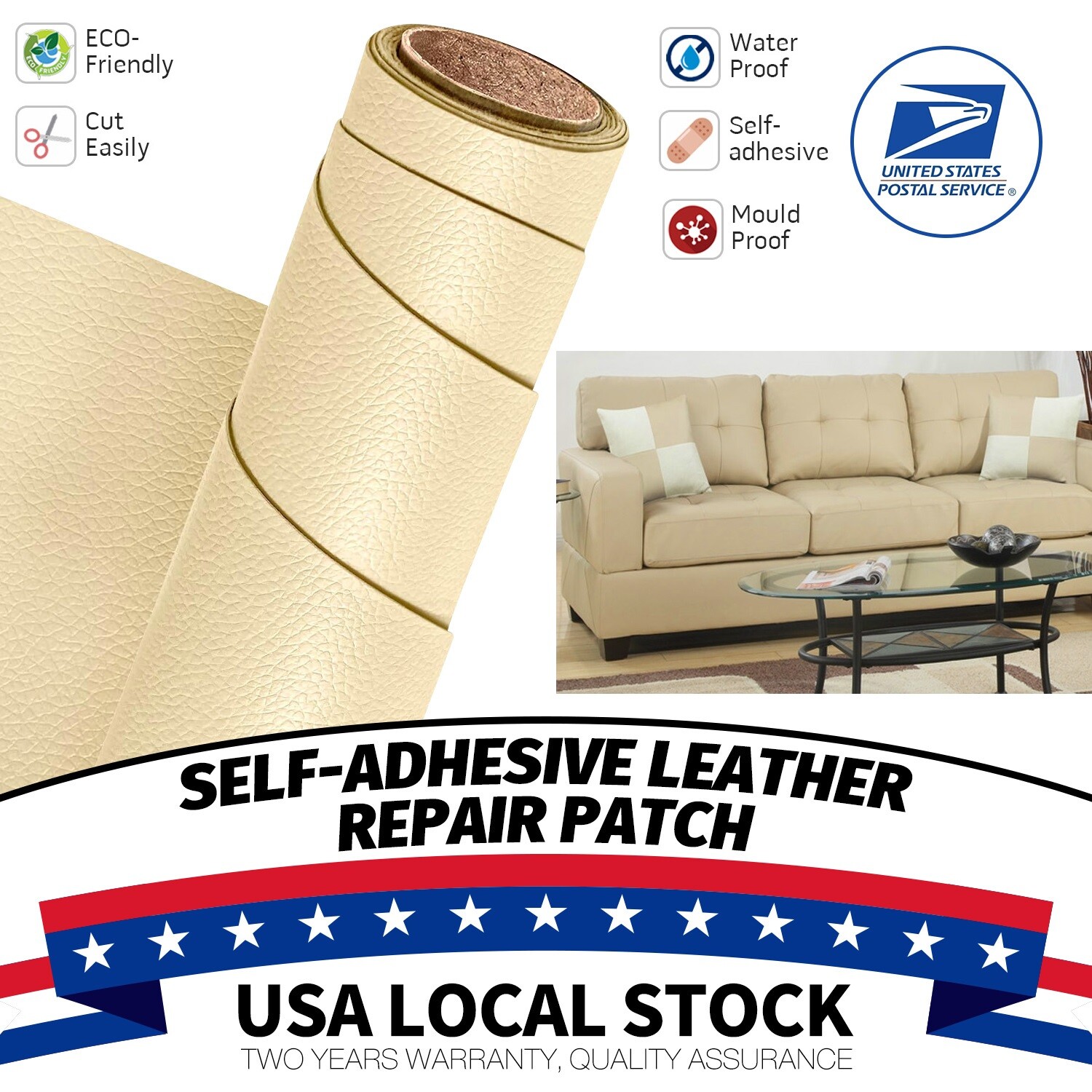Beige Self-Adhesive Leather Repair Patch Tape For Seats Couch Sofa Chair Jacket