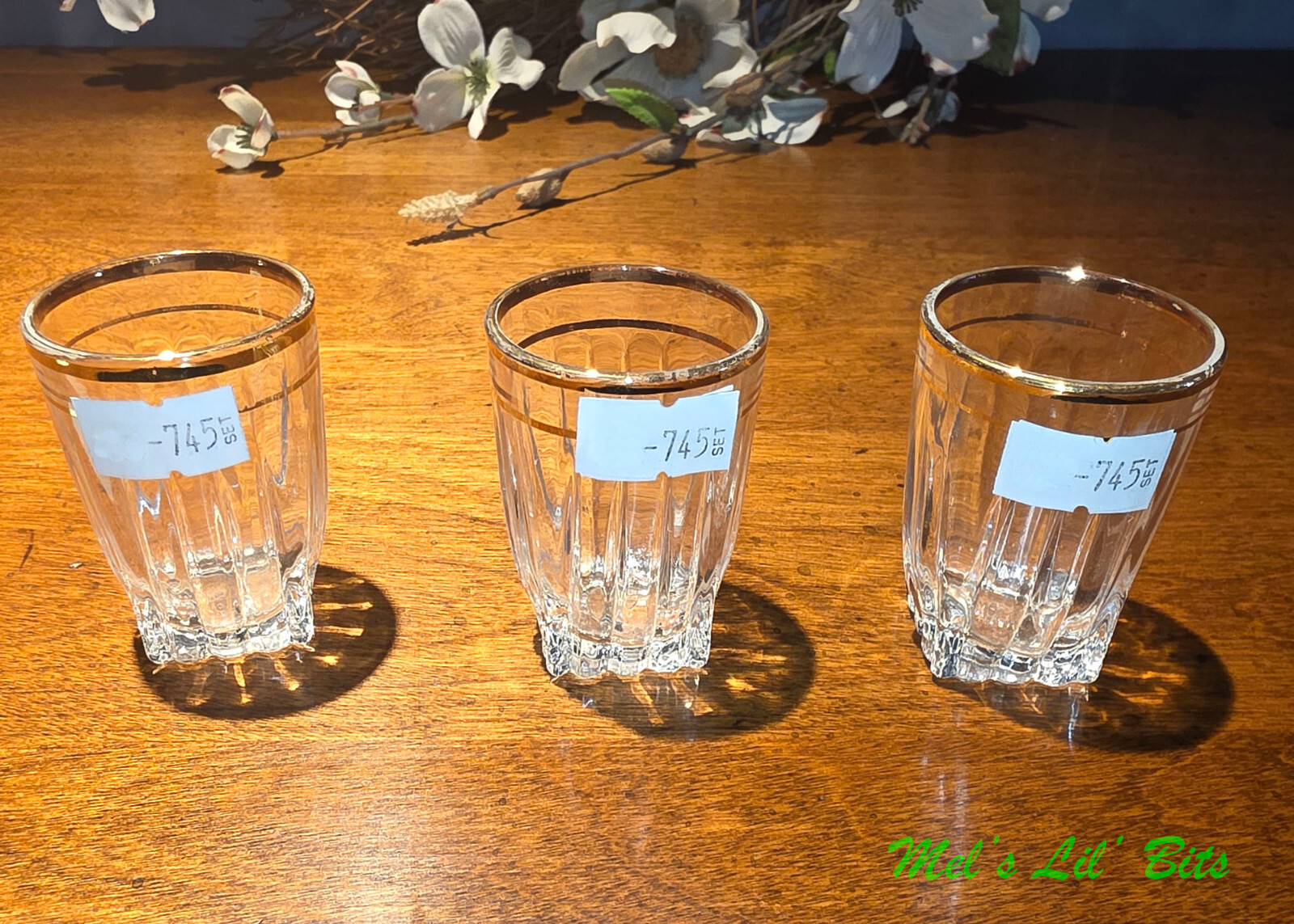 Vintage Shot Glass Square Fluted Bottom With Gold Rim Set of 3