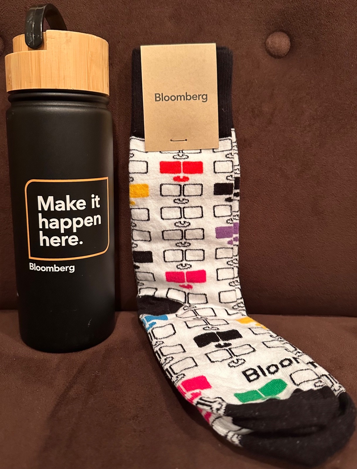Bloomberg environmentally friendly water bottle & Bloomberg terminal socks