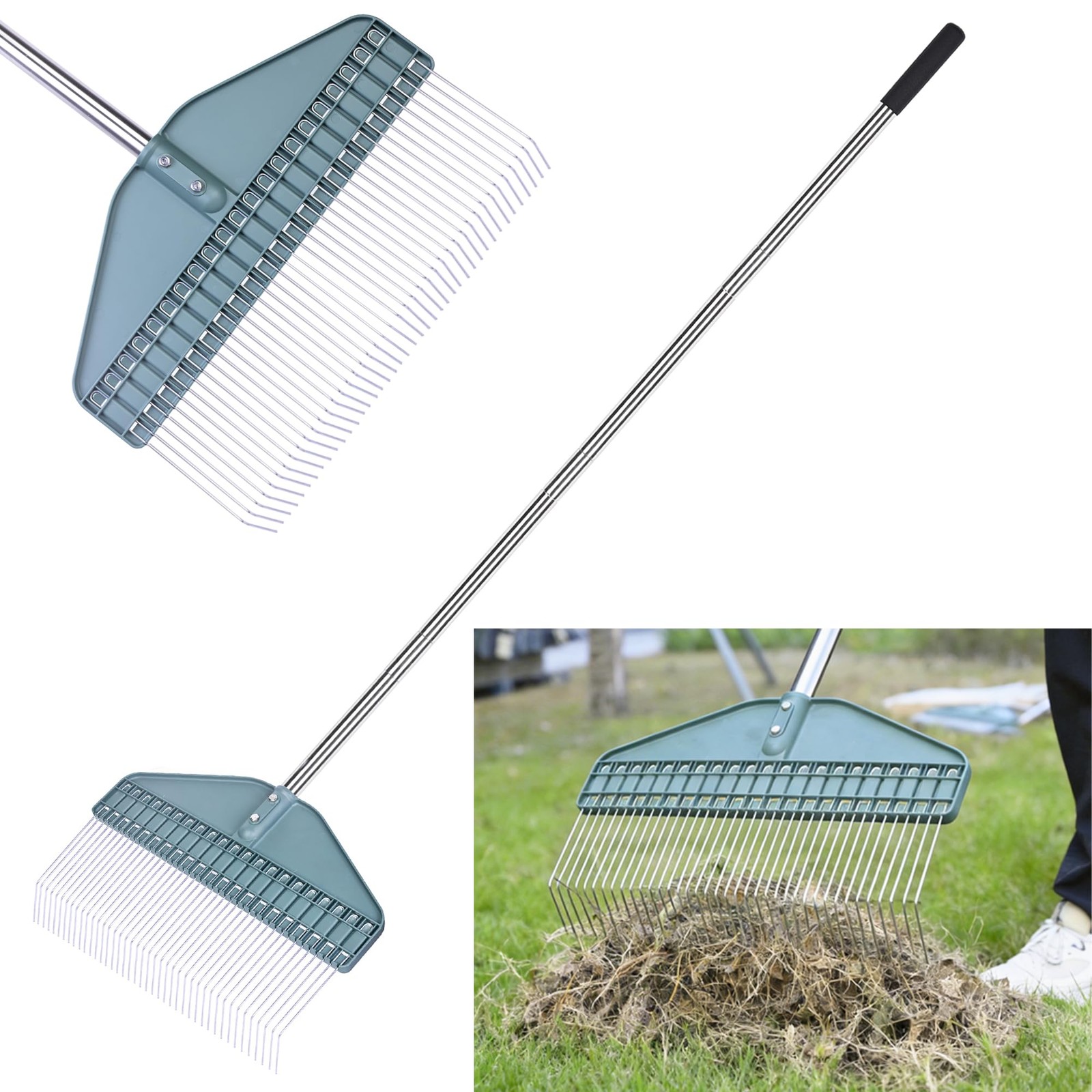 Adjustable Thatch Rake, 66" Handle, 17" Dethatcher for Lawn, Garden & Patio