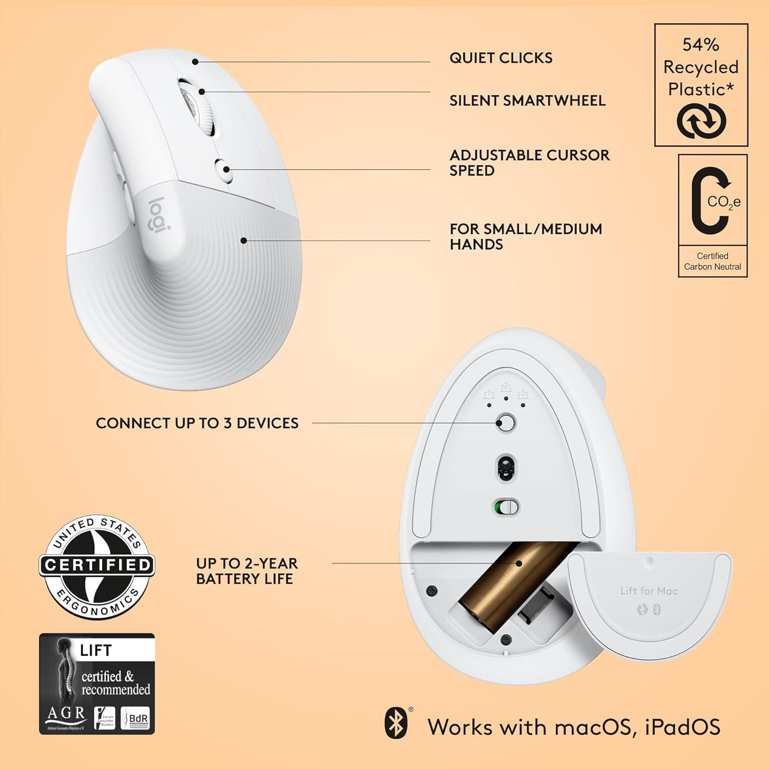 Logitech Lift Ergonomic Wireless Mouse for Mac Comfort Small Medium Hands