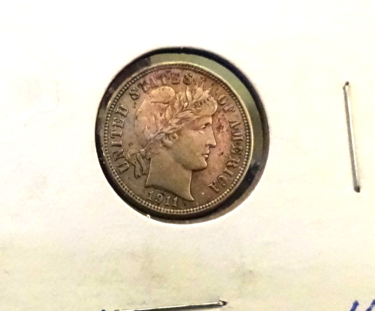 1911-D-NATURAL SURFACES-BARBER DIME-HIGHGRADE,SILVER-FREE SHIPPING.