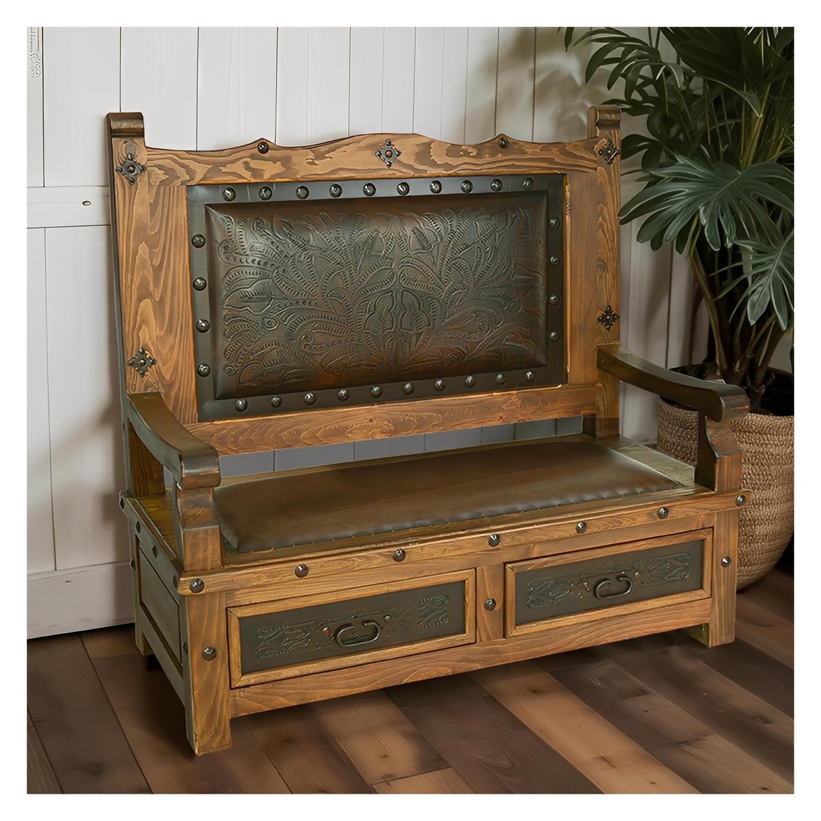 South Hill Tooled Leather Bench With Drawers