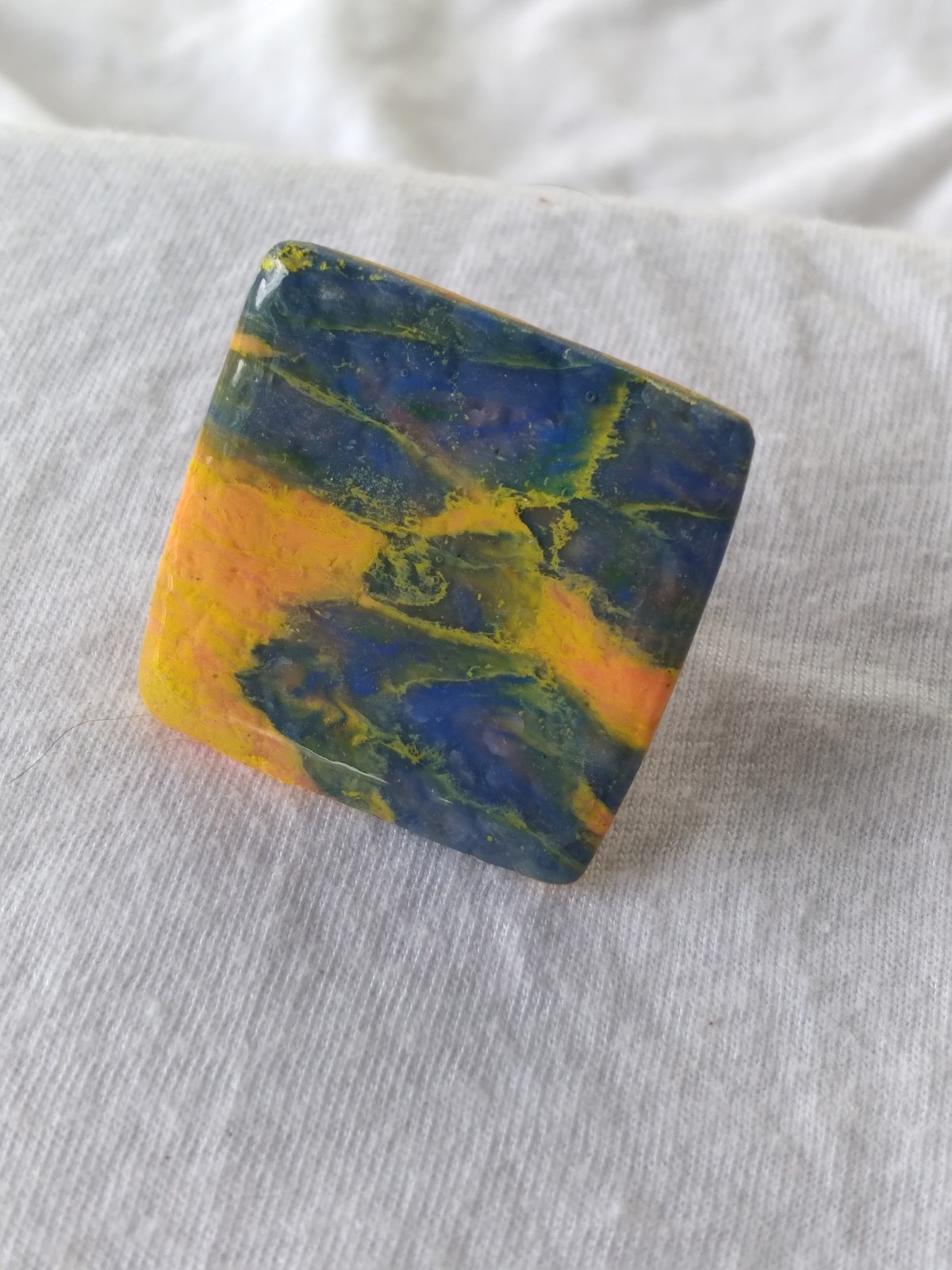 Handcrafted Silver Adjustable Polymer Clay Ring Square Blue Yellow Marbled