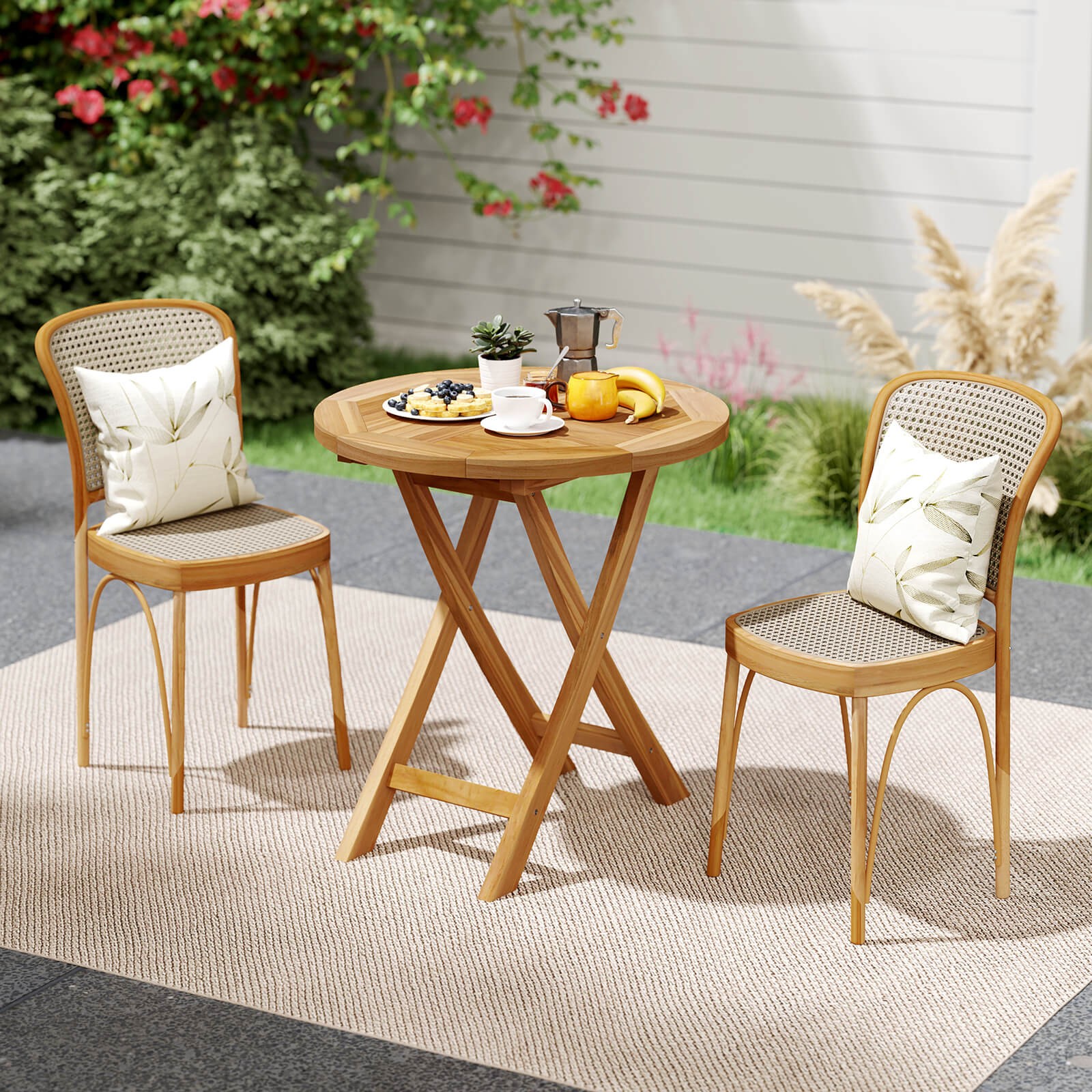 Patio Teak Wood Dining Table 27.5" Round Side Table with Slatted Tabletop