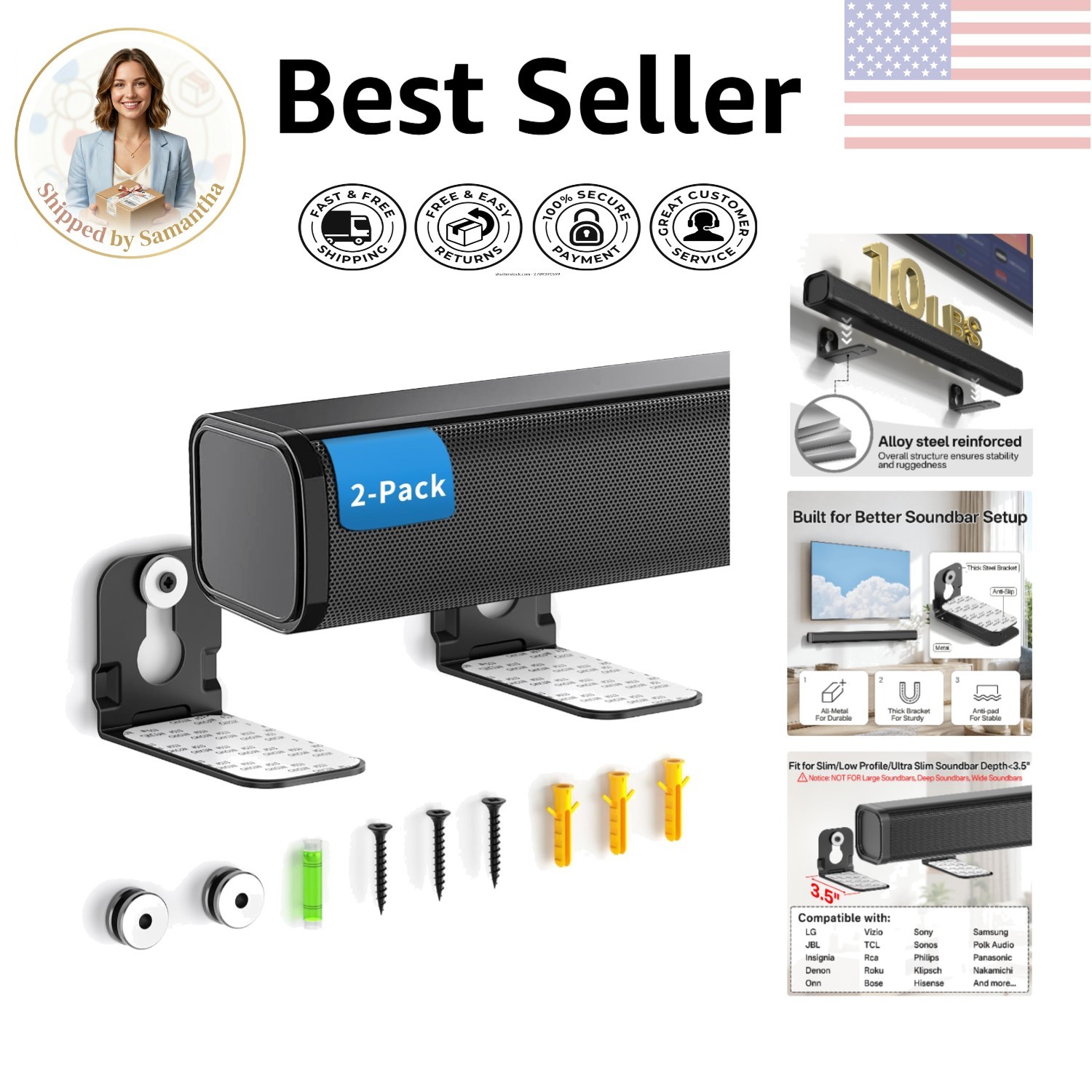 Sleek Black Soundbar Wall Mounts - Secure, Stylish Audio Enhancement, 2-Pack