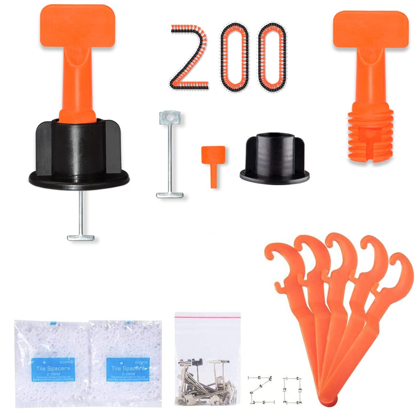 Tile Leveling System 1/16" Kit Reusable, 200pcs Leveler Spacer Orange