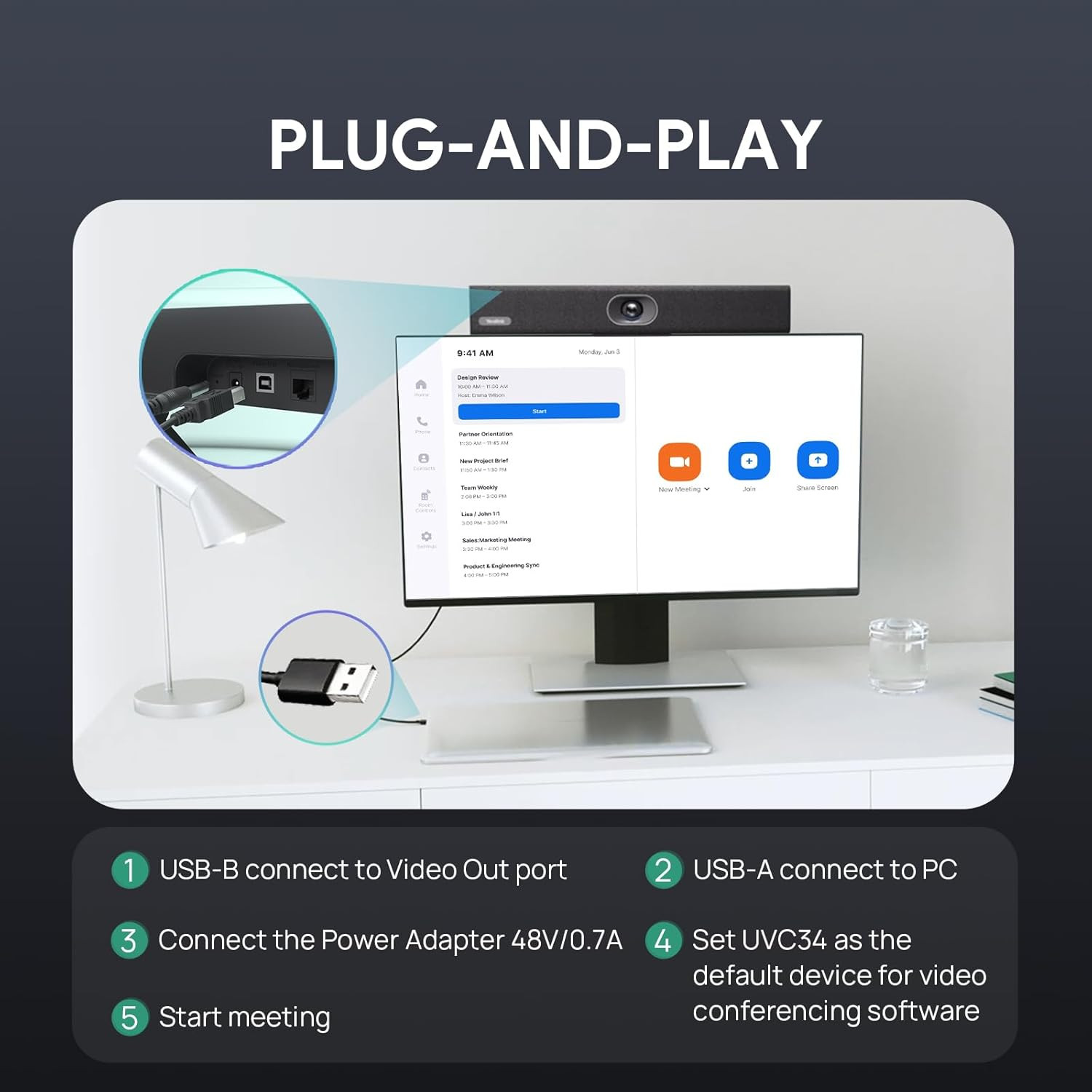 4K USB Video Conference Camera - 120° Wide Angle, Microphone, Speaker, Auto Fram