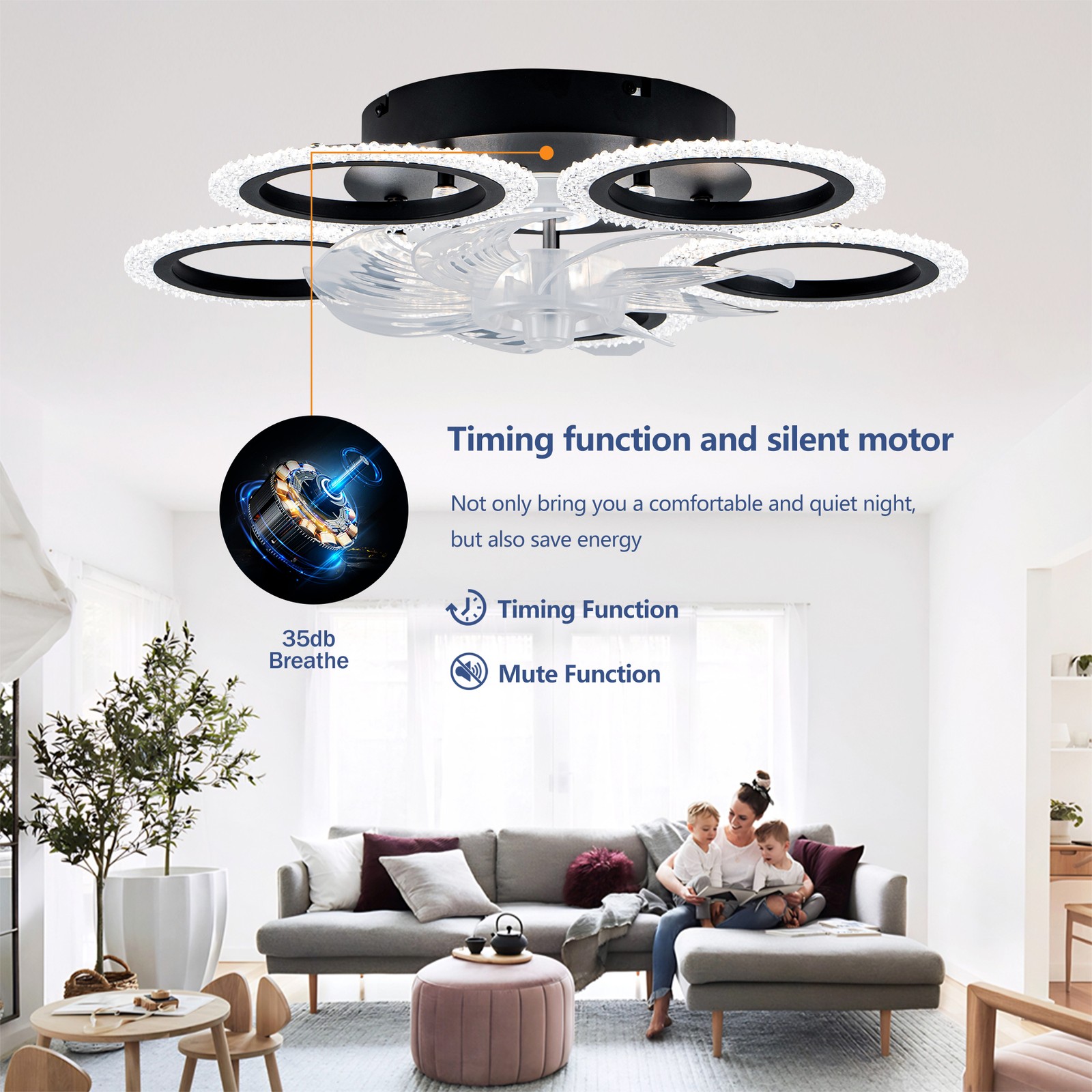 20''Modern Ceiling Fan Lights Remote Control.Black,6 Speeds 3 Light Color Low