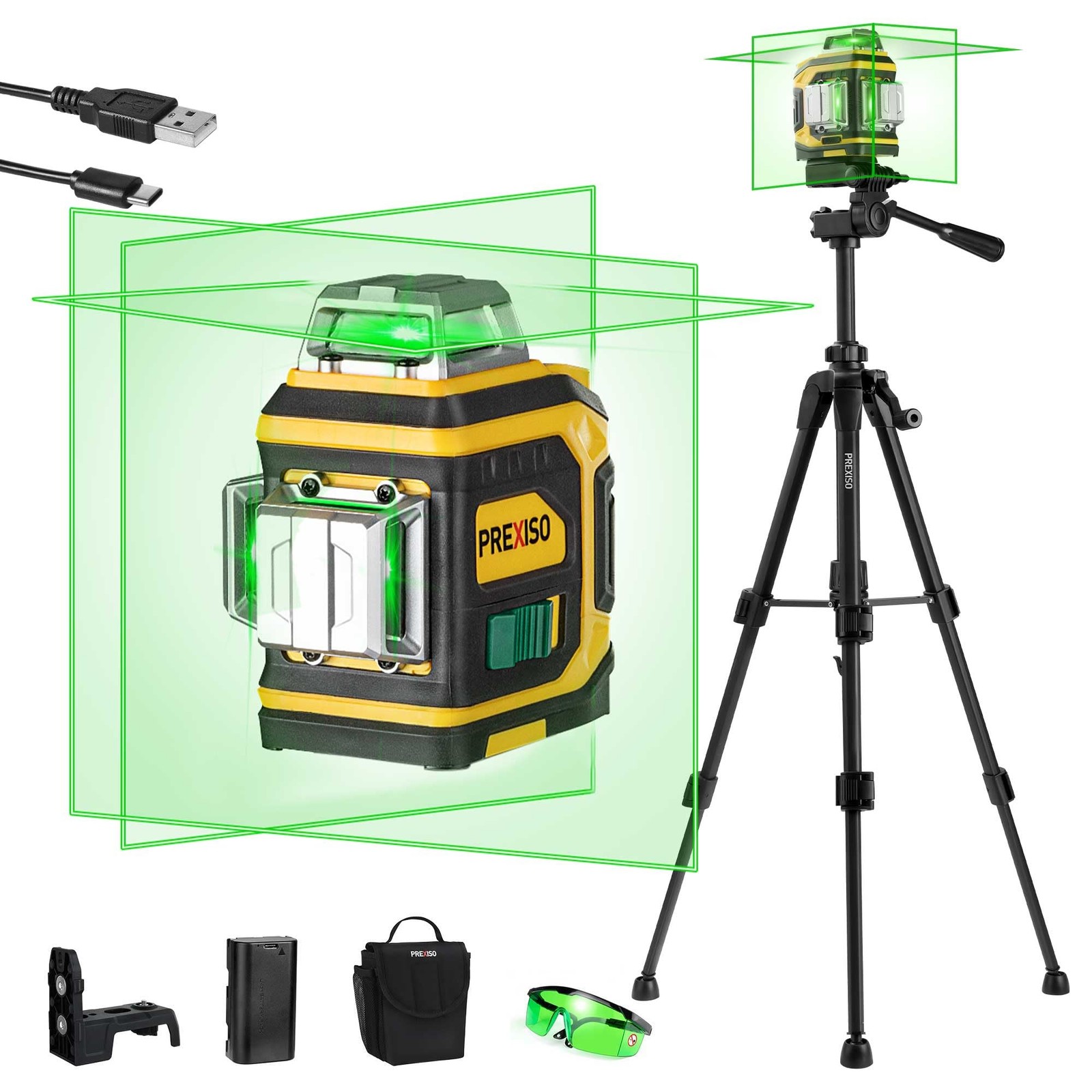 Prexiso Rechargeable 360 Self Leveling Green Laser Level Tripod Magnetic -