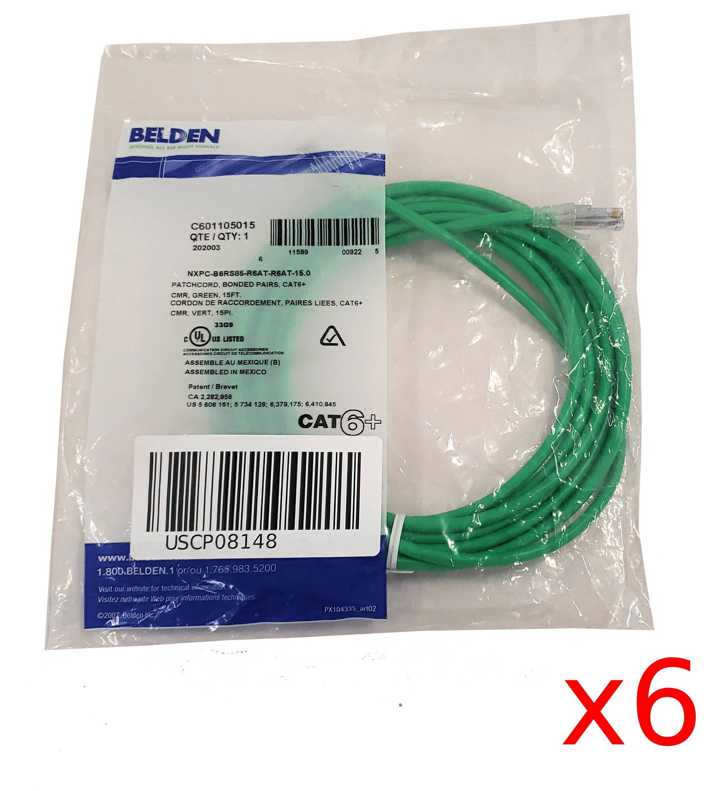 Lot of 6 New Belden 15ft Cat 6+ 24 AWG 4 Pair Patch Cord CMR, T568A/B C601105015
