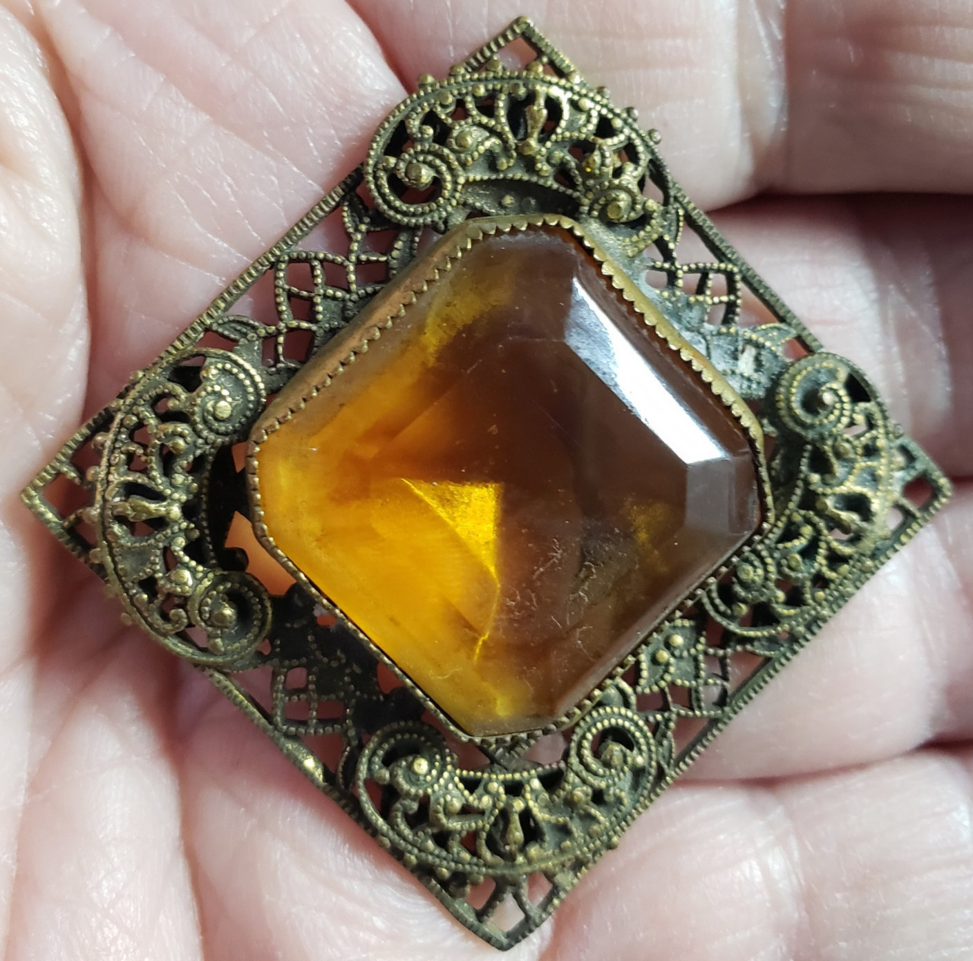 Amber Glass Gold Toned Filigree Metal Victorian Jewelry Needs Repair READ