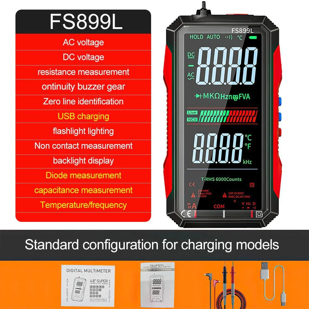 Digital Multimeter, FS899L Multimeter, USB Rechargeable Digital Multimeter