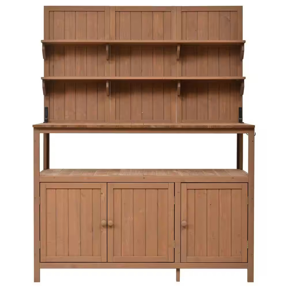 50 In. Brown Outdoor Garden Wood Potting Bench Table with 2 Shelves, 2 Cabinets