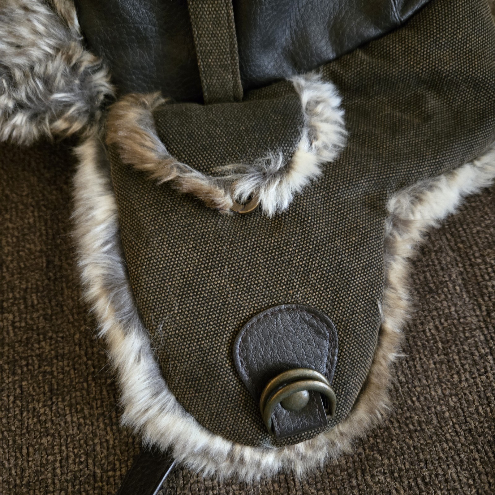 EUC Size L Red Head Leather Canvas Brown Trapper Hat Faux Fur Trim Quilted Lined