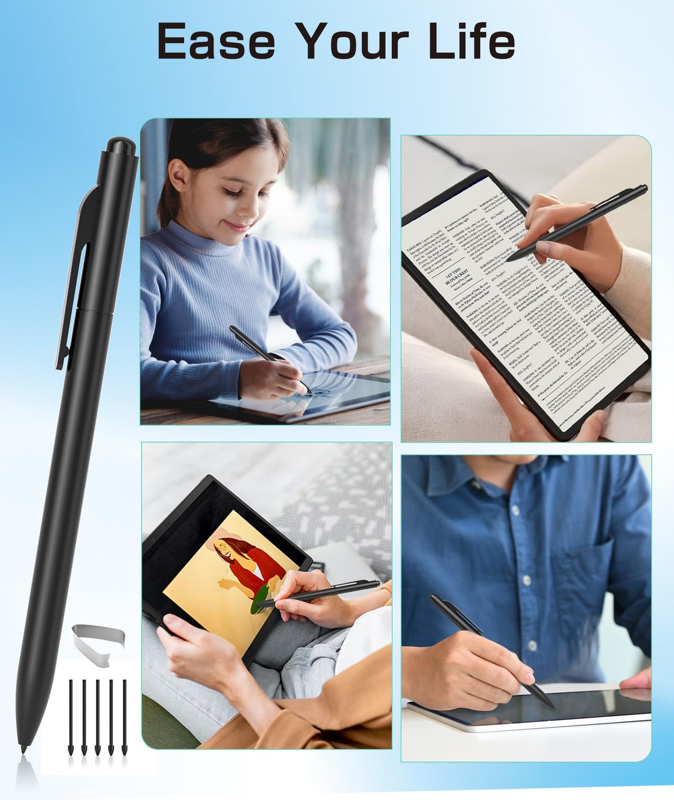 Pen for Remarkable 2, Non-Magnetic Stylus with Eraser, 5 Tips