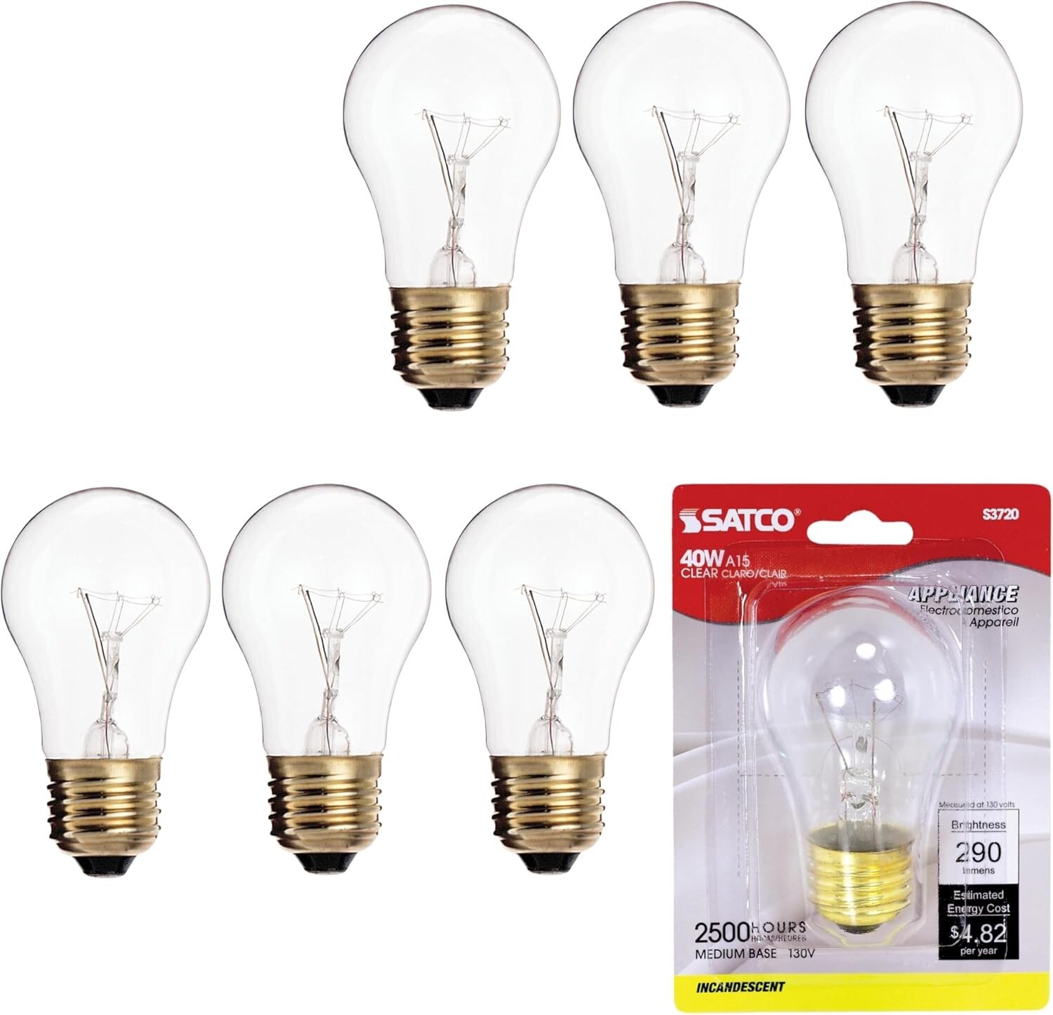 Satco S3720 - 40 Watt A15 Clear Appliance Lamp -  130/120 Volt - 2700K (6 Pack)