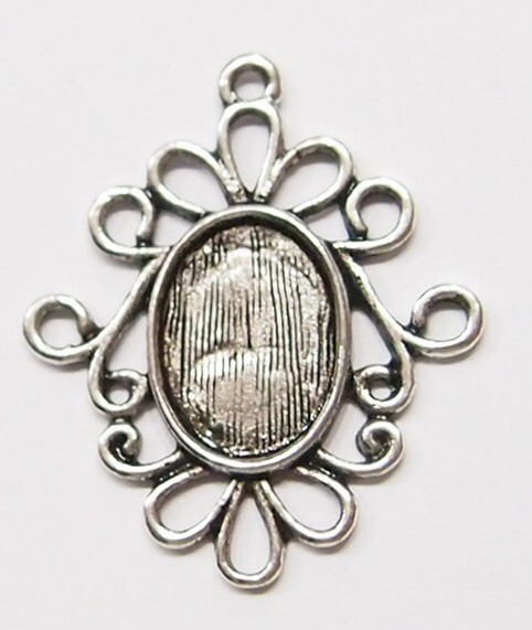 20- 14x10mm Antique Silver Whimsical Pendant Settings 4 Cameo Cabs Glass 31x28mm