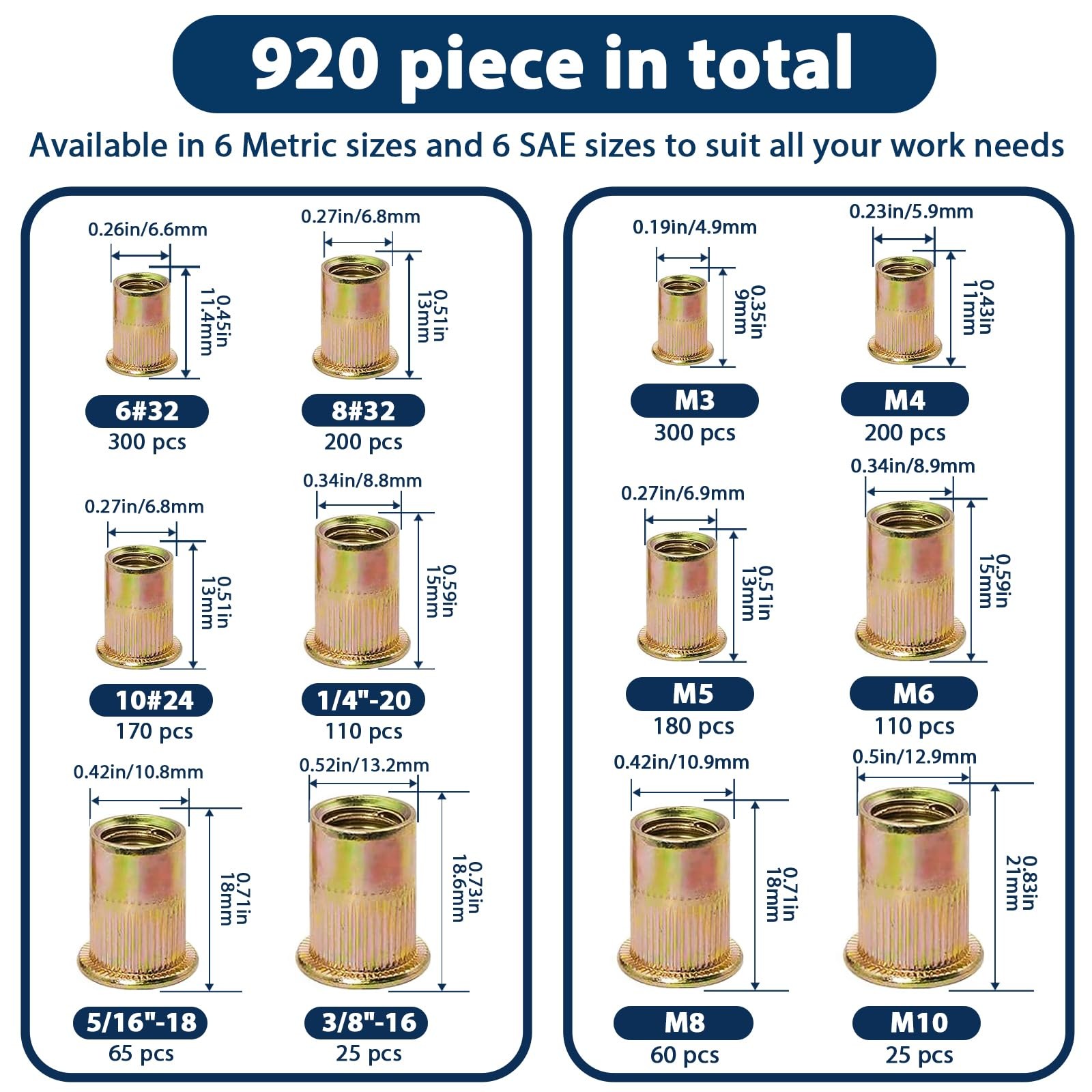 Vifmy Metric & SAE Rivet Nut & Assortment - 920 Pcs, Yellow