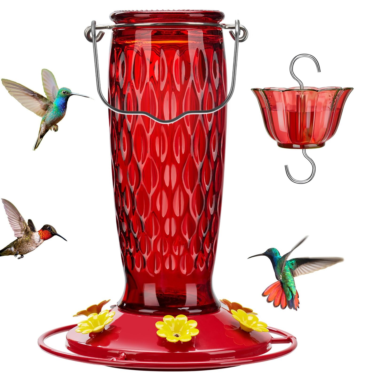 Kingsyard Hummingbird Feeders for Outdoors Hanging, 24 Ounce, Glass Red