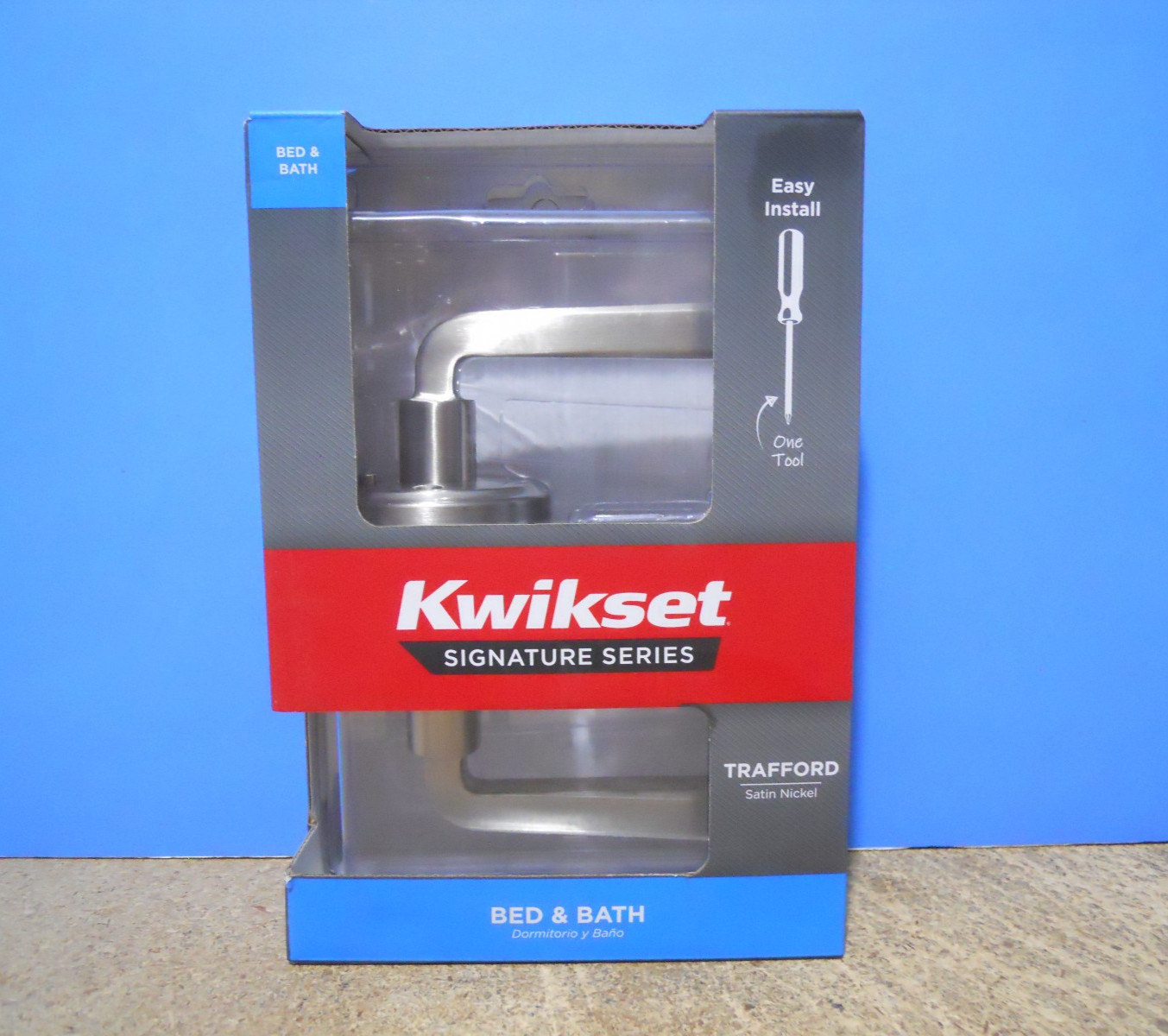 Kwikset Signature Series Trafford Bed & Bath Door Handle Lock Satin Nickel
