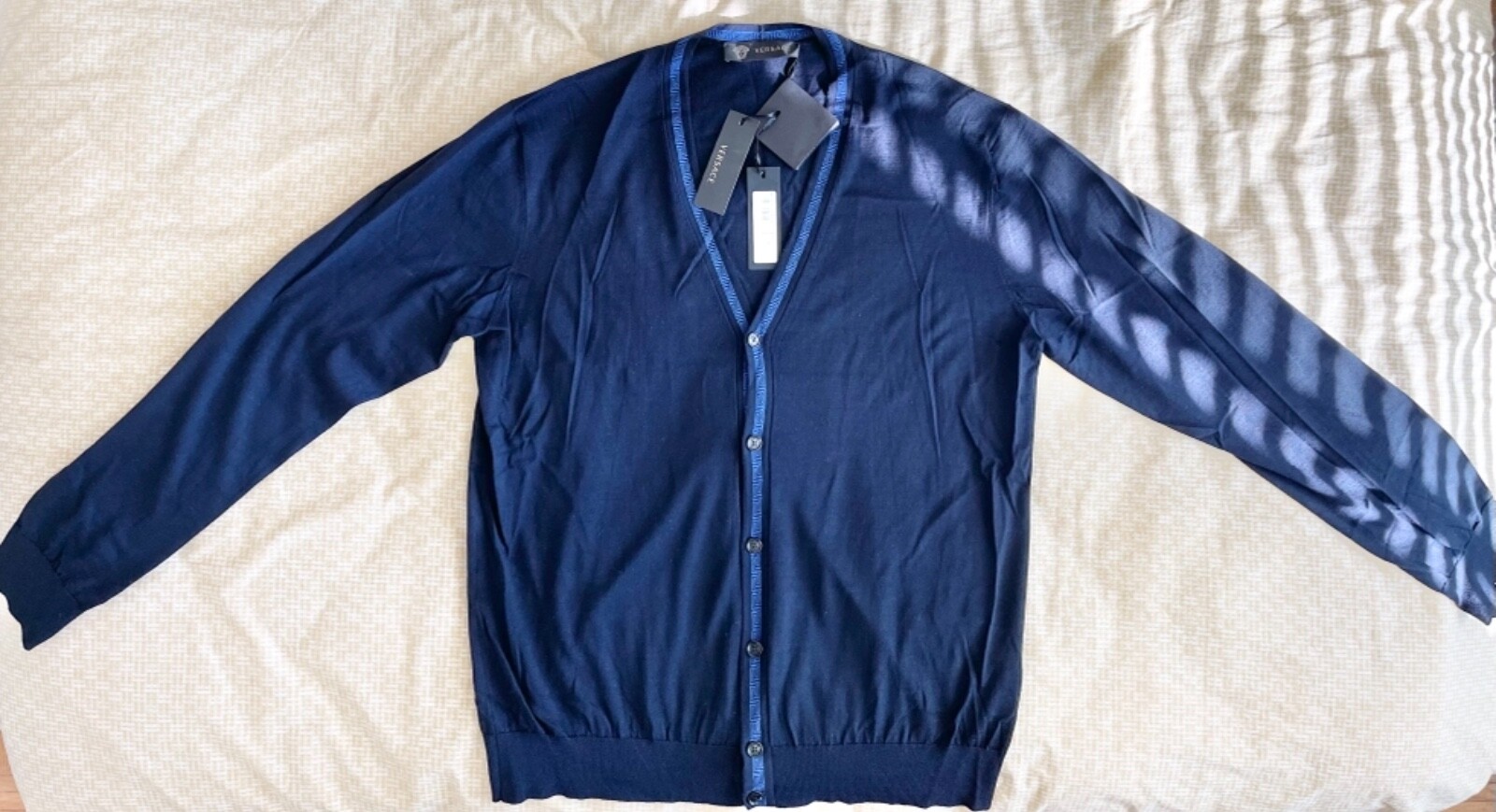 NWT VERSACE/MEDUSA Men‘s GREEK KEY Trim Navy Blue Wool Cardigan US46/EU56 ITALY