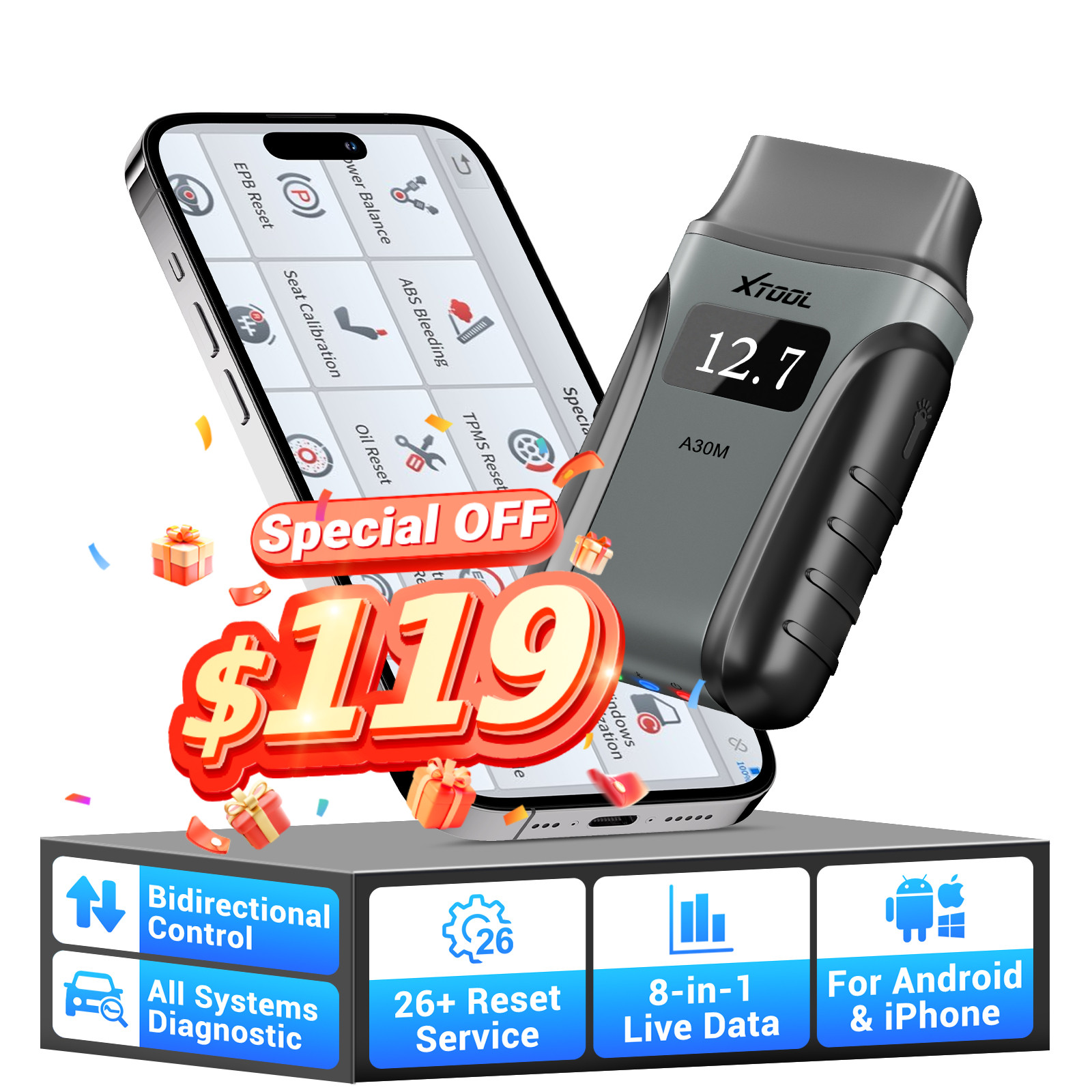 XTOOL A30M V2.0 Bidirectional OBD2 Scanner All System Diagnostic Tool 26+ Resets