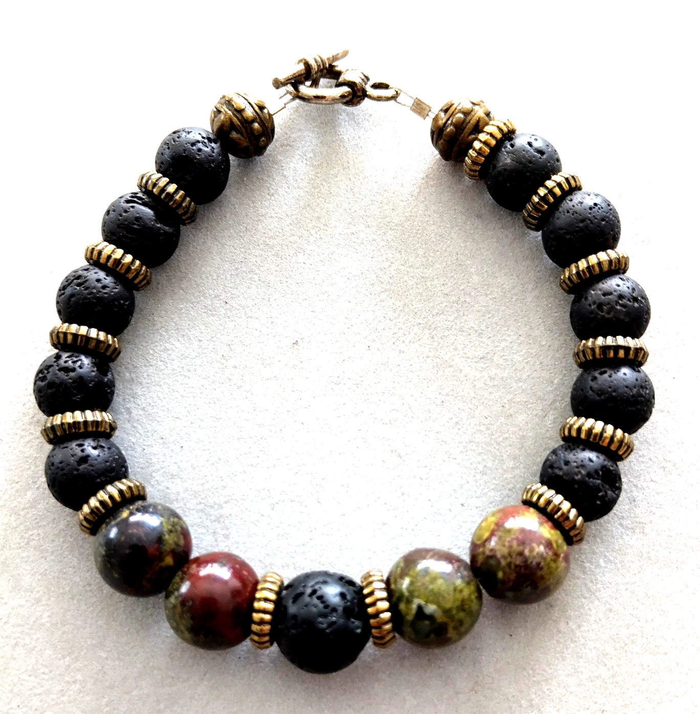 HANDCRAFTED SINGLE STRAND BRACELET - BLOODSTONE & LAVA ROCK w/TOGGLE CLASP