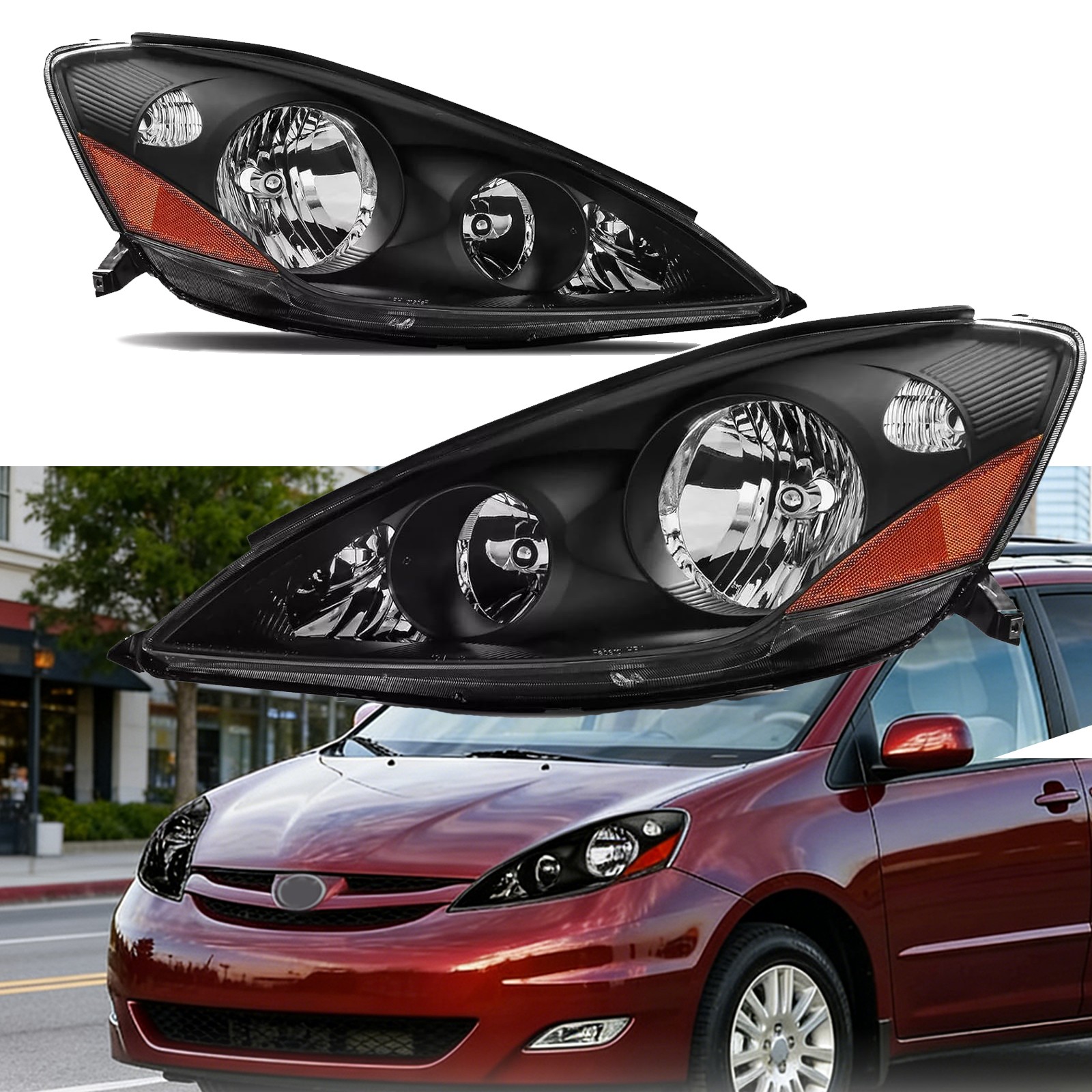 Black Amber Side Headlights Headlamps for 2006-2010 Toyota Sienna L+R