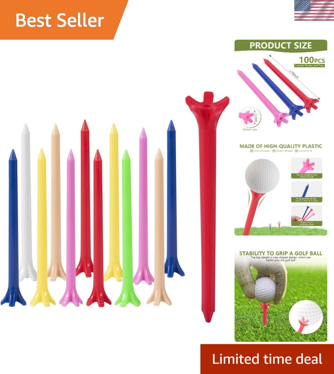 Vibrant 100 Pack of 2.8" Plastic Golf Tees with Claw Shape Design for Stability