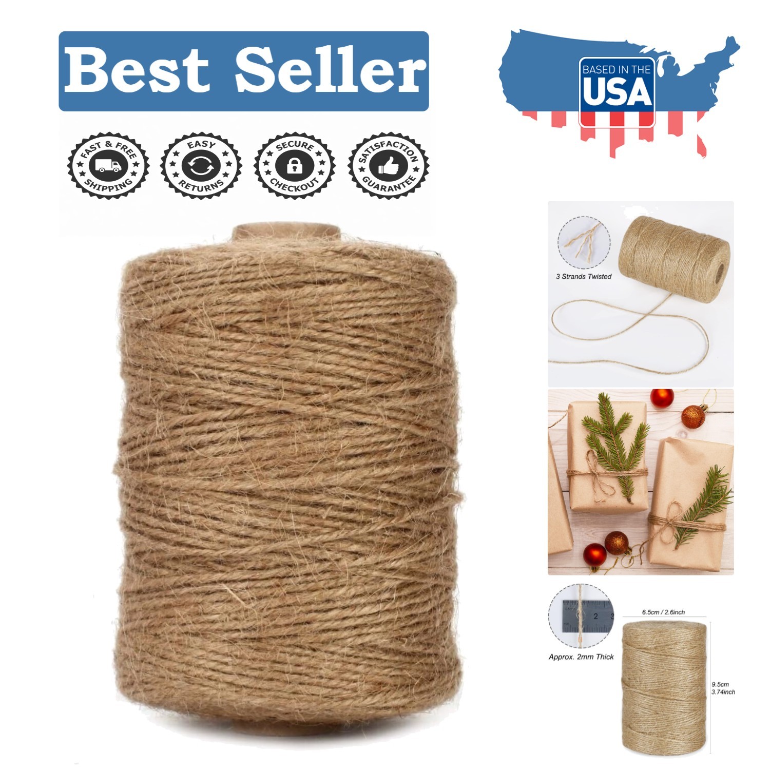 Soft 3-Ply Natural Jute Twine - 500 Feet Long for Eco-Friendly Gift Wrapping