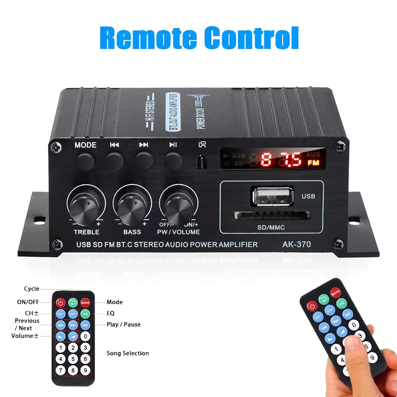 AK370 Power Digital Amplifier Bluetooth HIFI Stereo SD Card U disk AUX input