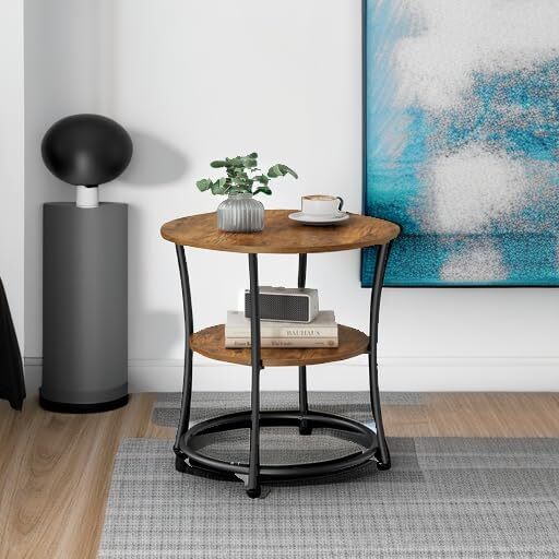 Side Table, Round Side Table with 2 Shelves, Rustic Brown and Ink Black