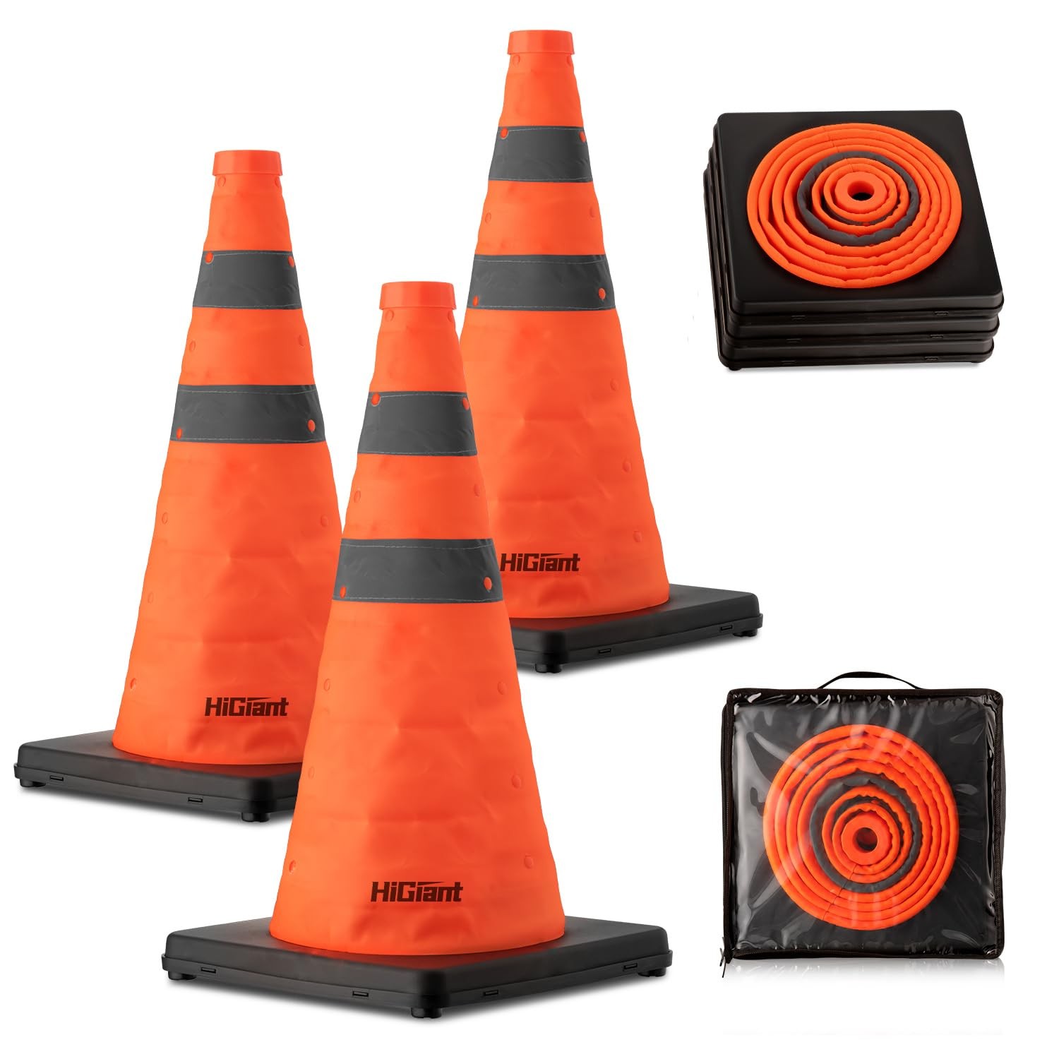 HiGiant [3 Pack] 18 Inch Orange Collapsible Cones with Black Base, Traffic Co...
