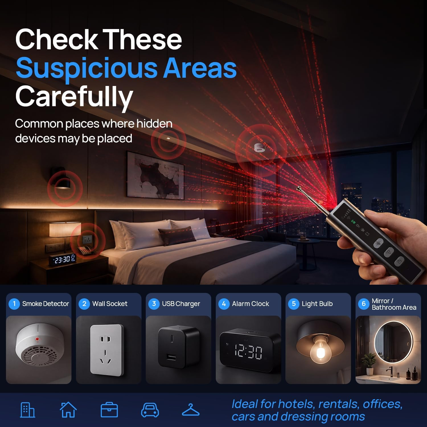 Hidden Camera Detectors, Clear Display Screen, RF Signal Detector with Guided Hi