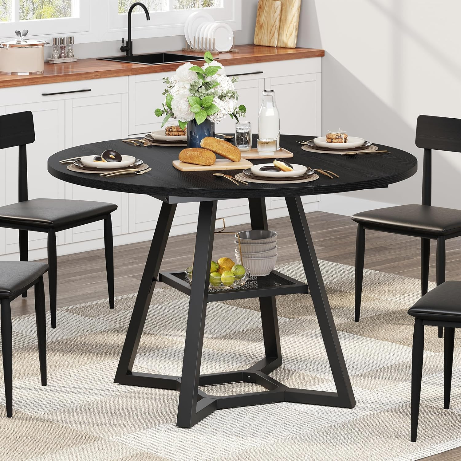 43" Round Dining Table for 4 - Space-Saving Black Wood & Metal Design