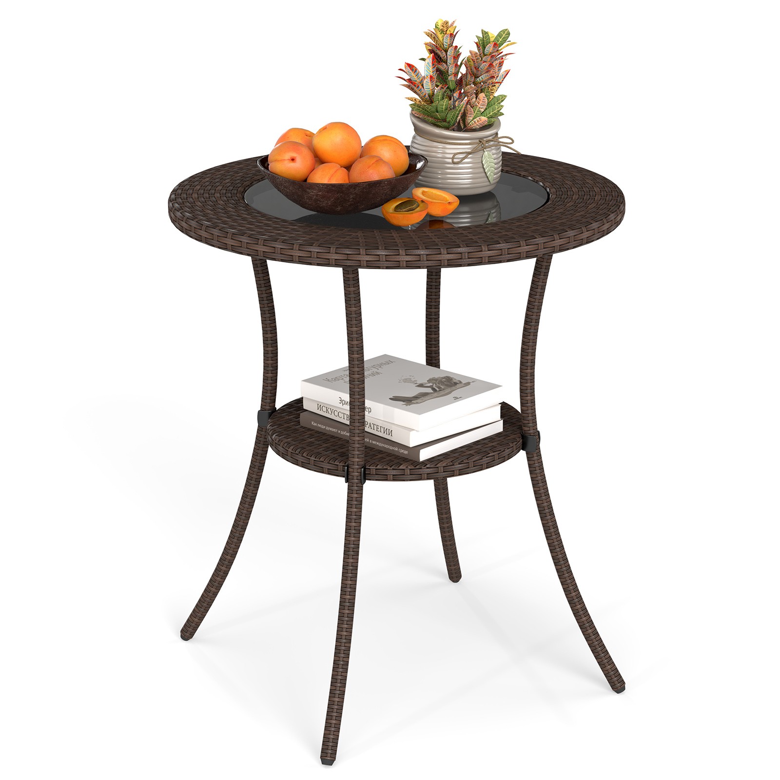 Round Rattan Wicker Coffee Table Glass Top Steel Frame Patio Furni W/Lower Shelf
