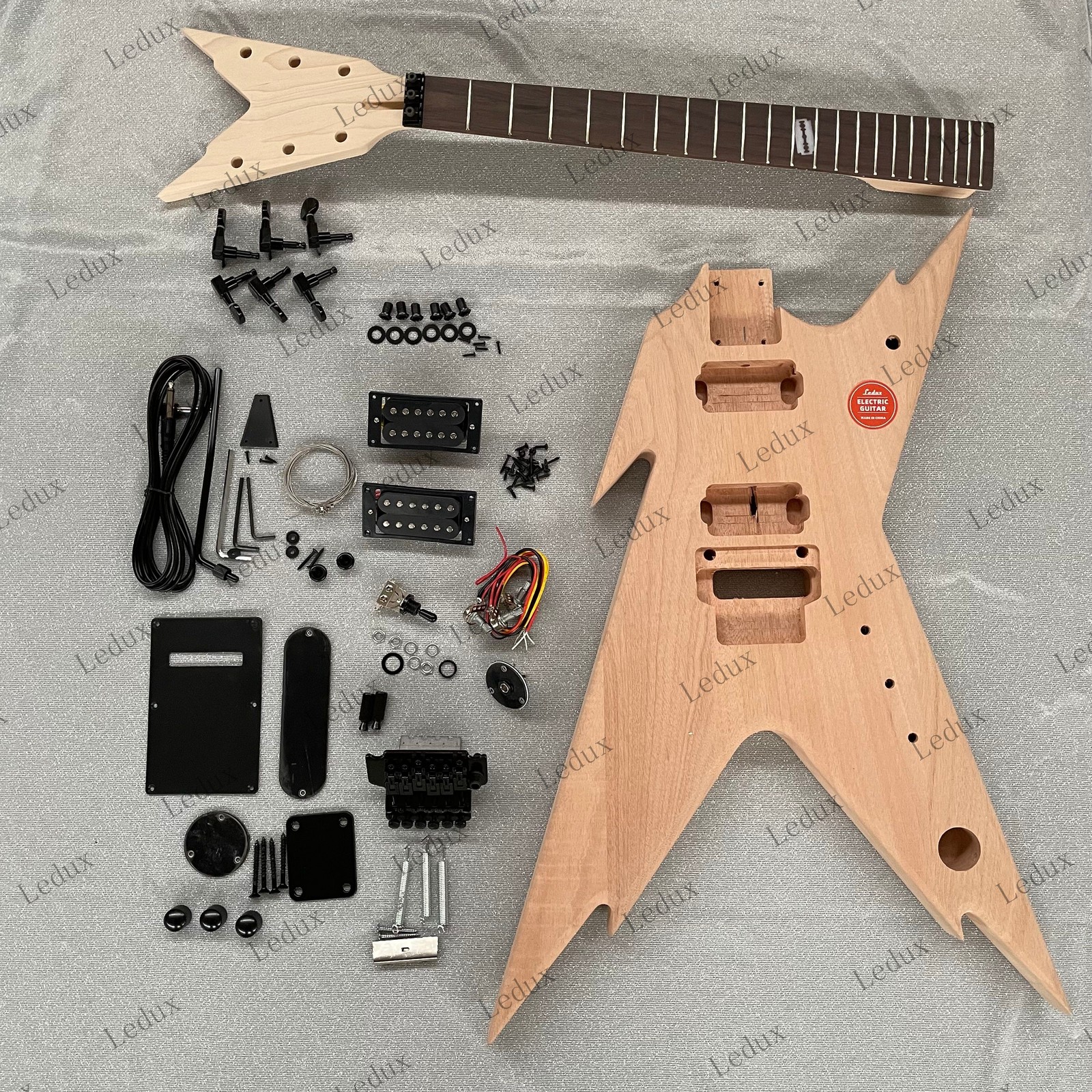 V Shaped  Body Electric Guitar DIY Kit Floyd Rose Bridge  H H  Natural Blank