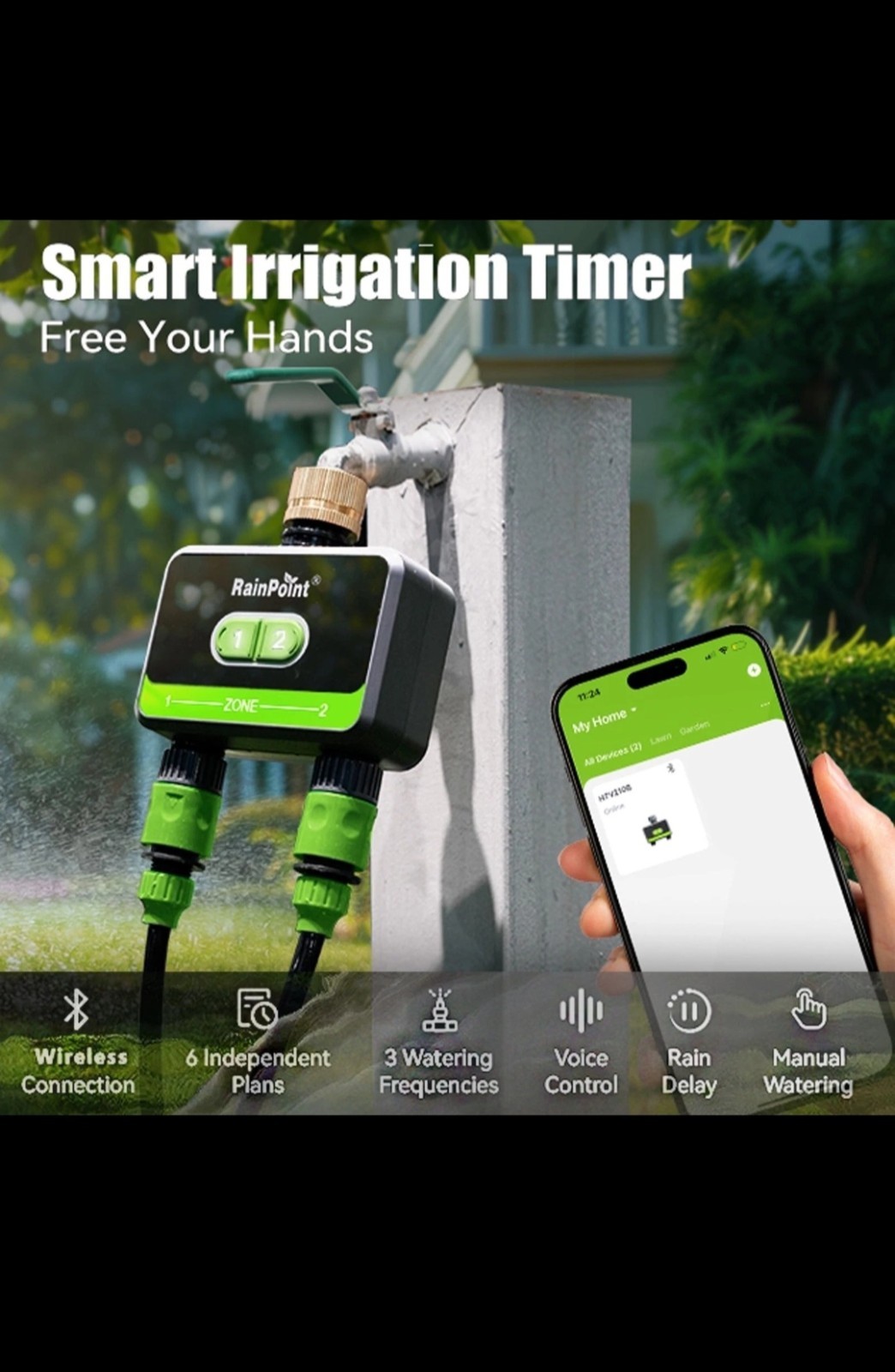 RainPoint Smart Bluetooth Hose Timer, 2 Outlet Watering Controller, App Control,