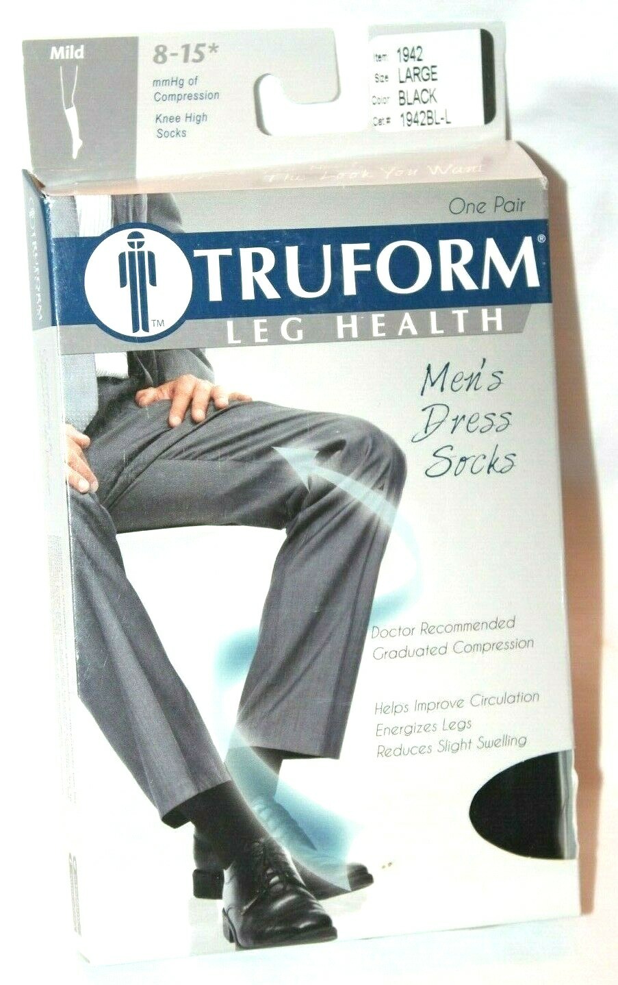 TRUFORM Leg Health Men's Knee High Black Dress Socks #1942 Med/Large/X-Large